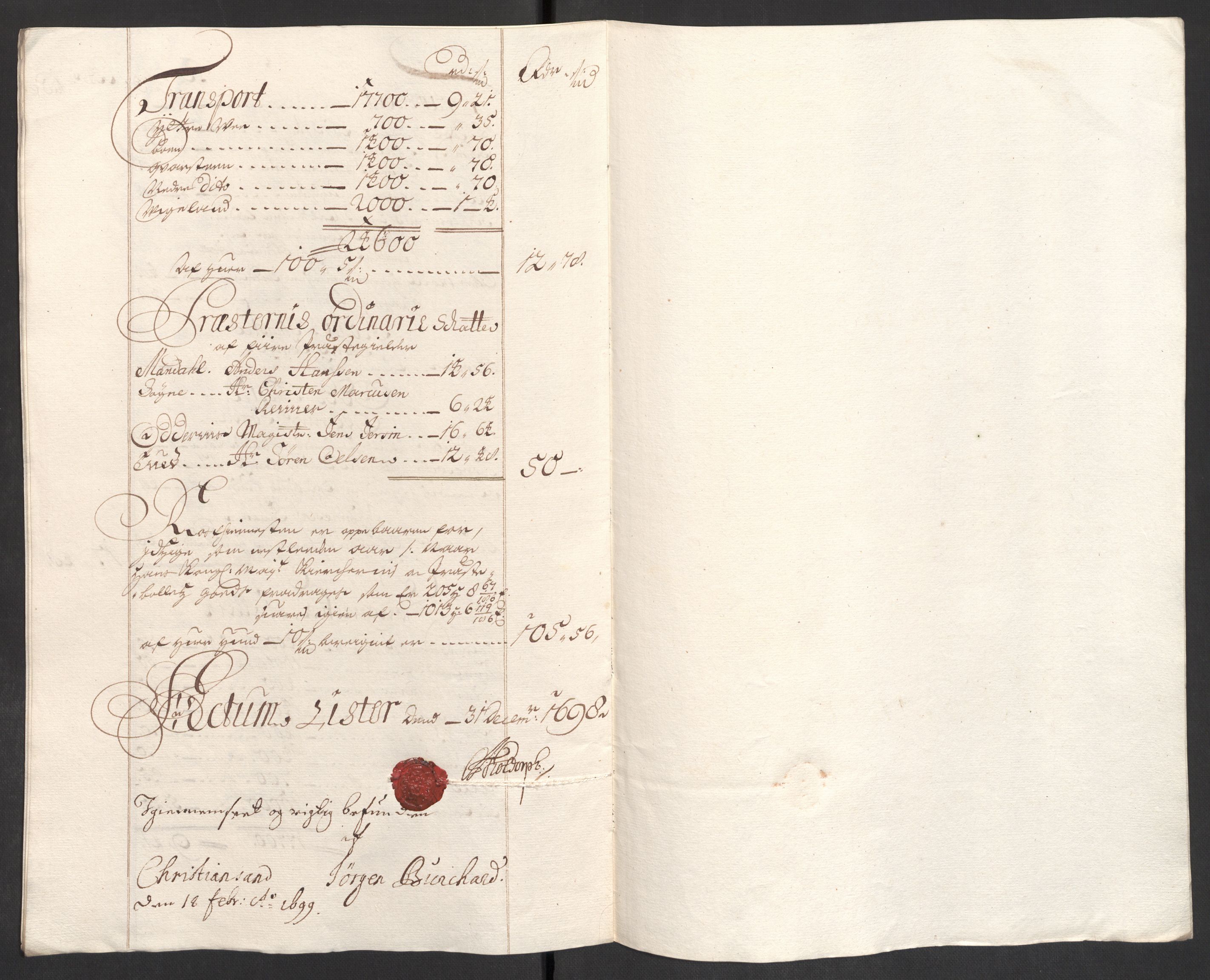 Rentekammeret inntil 1814, Reviderte regnskaper, Fogderegnskap, RA/EA-4092/R43/L2547: Fogderegnskap Lista og Mandal, 1698-1699, s. 51