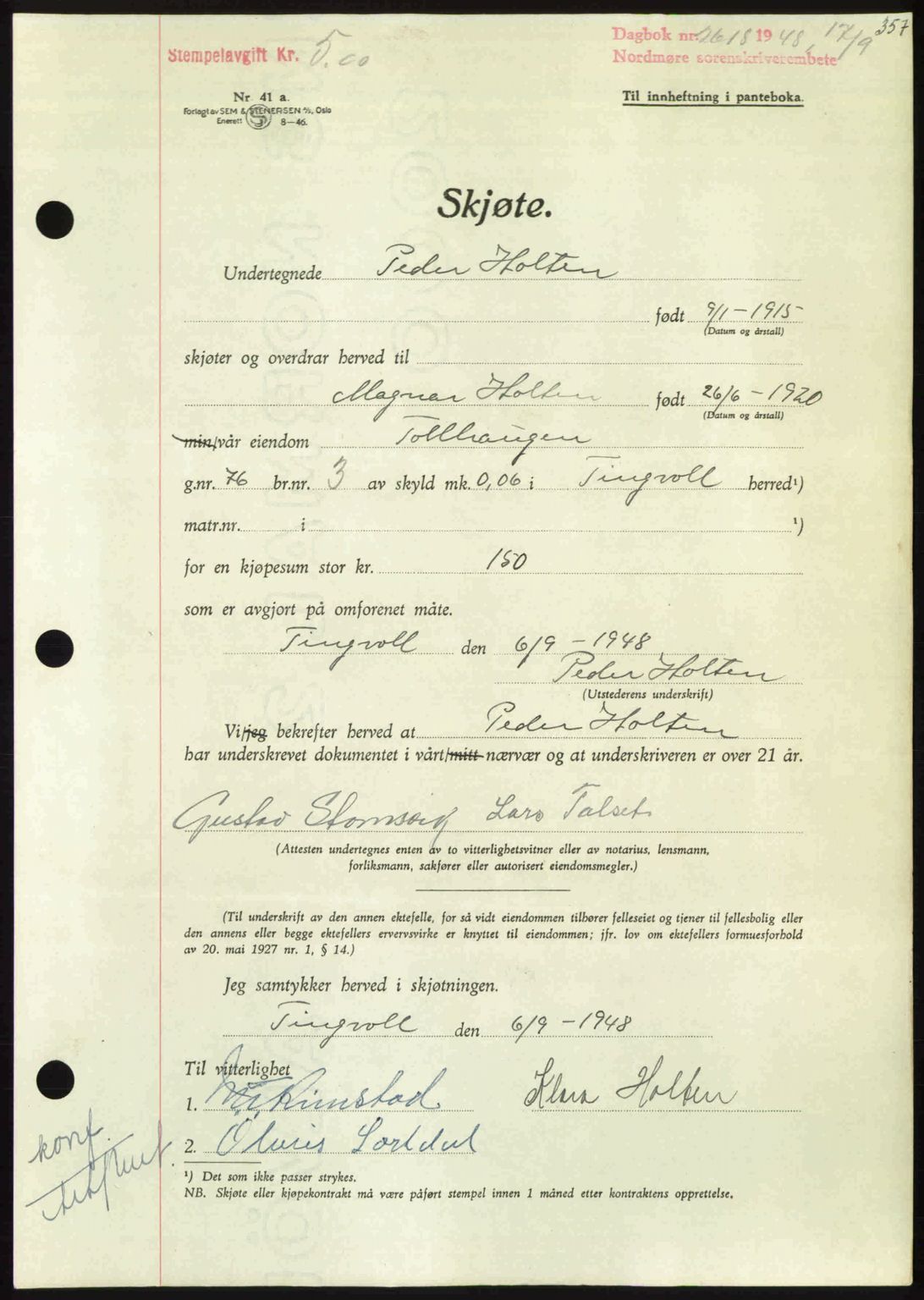 Nordmøre sorenskriveri, AV/SAT-A-4132/1/2/2Ca: Pantebok nr. A109, 1948-1948, Dagboknr: 2618/1948