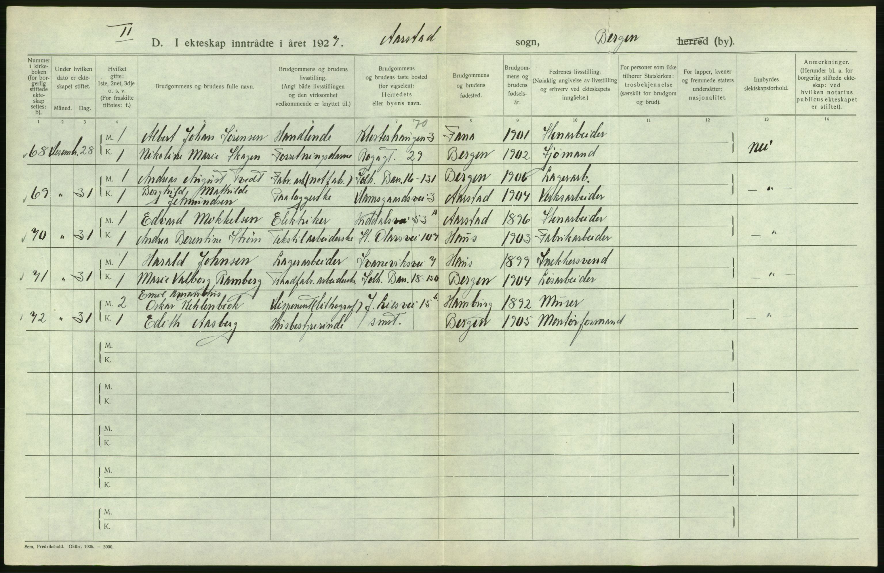 Statistisk sentralbyrå, Sosiodemografiske emner, Befolkning, AV/RA-S-2228/D/Df/Dfc/Dfcg/L0028: Bergen: Gifte, døde., 1927, s. 206