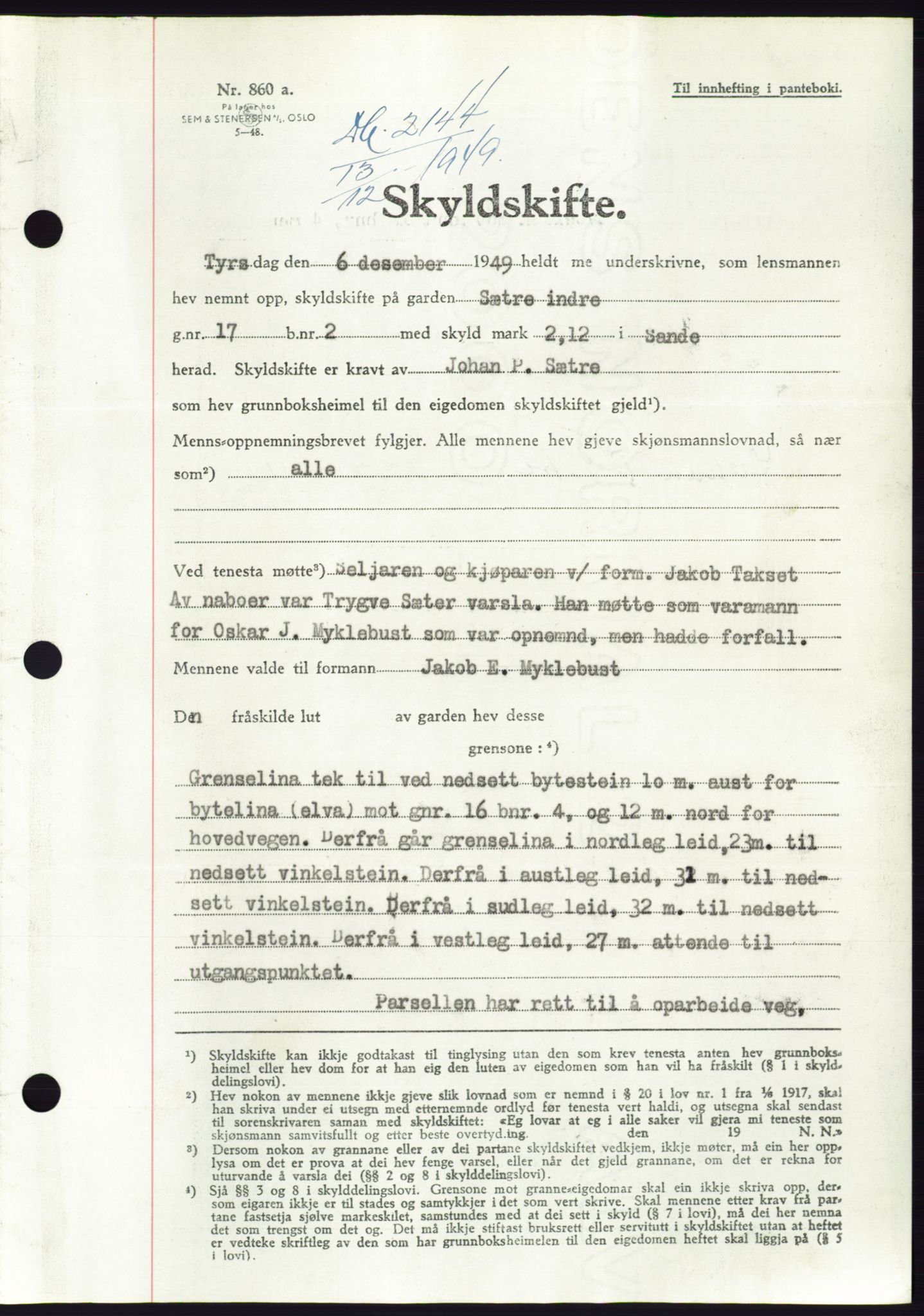 Søre Sunnmøre sorenskriveri, SAT/A-4122/1/2/2C/L0085: Pantebok nr. 11A, 1949-1949, Dagboknr: 2144/1949