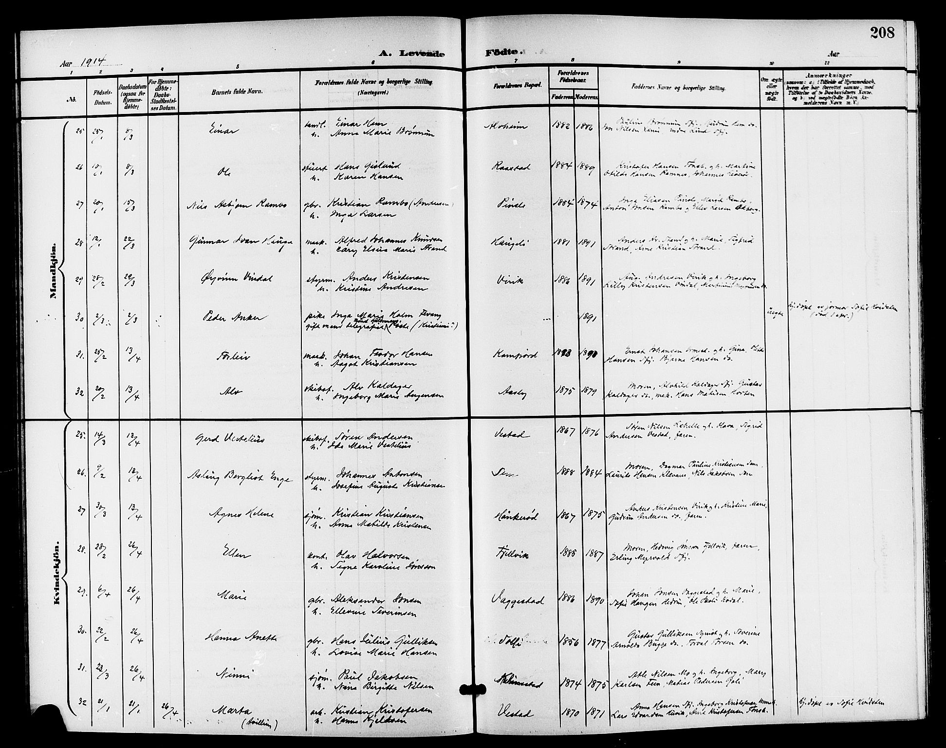Sandar kirkebøker, AV/SAKO-A-243/G/Ga/L0002: Klokkerbok nr. 2, 1900-1915, s. 208
