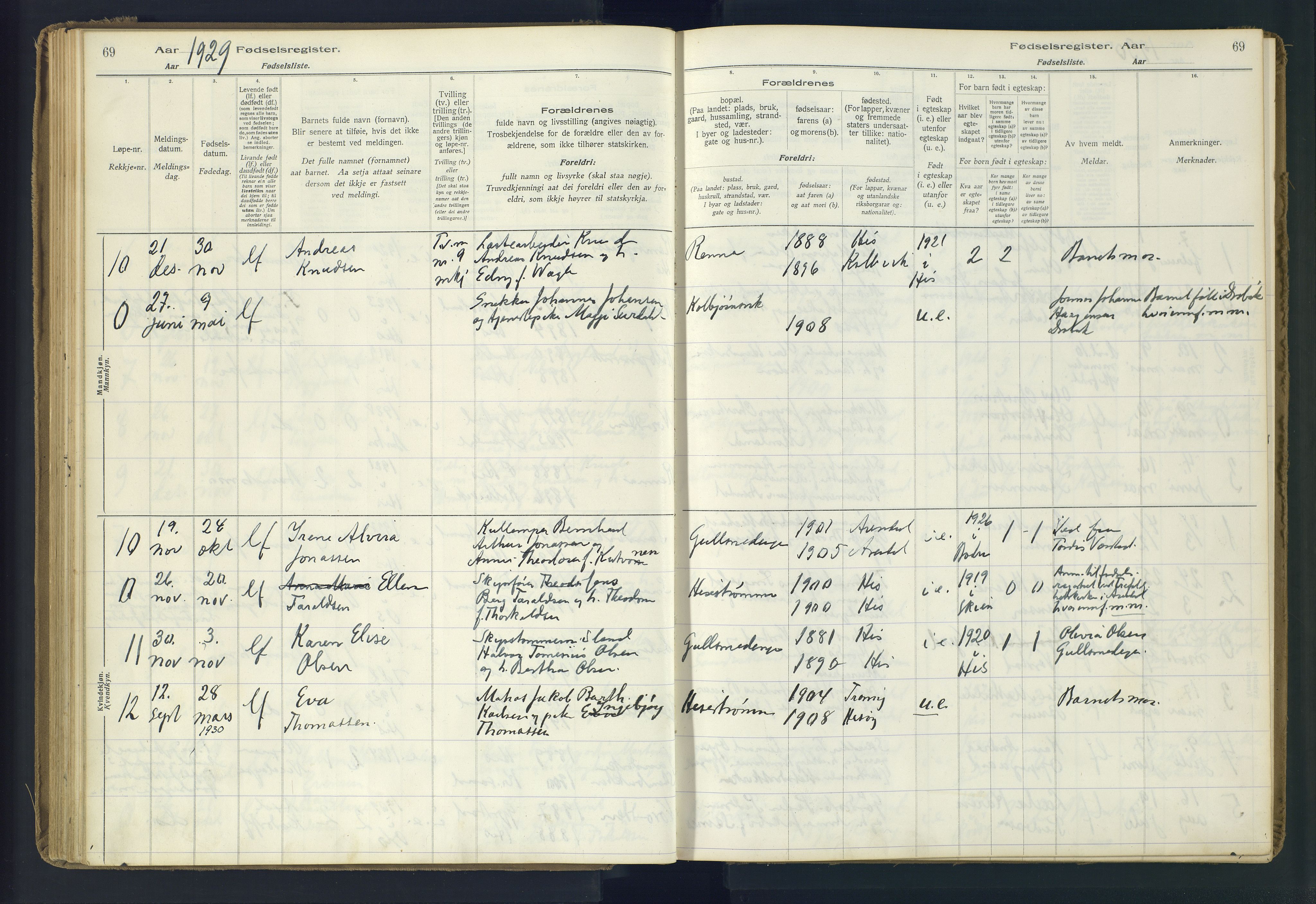 Hisøy sokneprestkontor, AV/SAK-1111-0020/J/Ja/L0001: Fødselsregister nr. A-VI-14, 1916-1951, s. 69