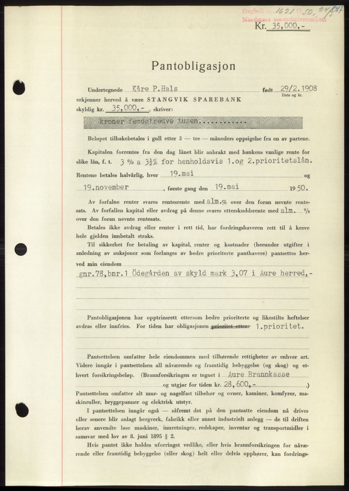 Nordmøre sorenskriveri, SAT/A-4132/1/2/2Ca: Pantebok nr. B104, 1950-1950, Dagboknr: 1621/1950