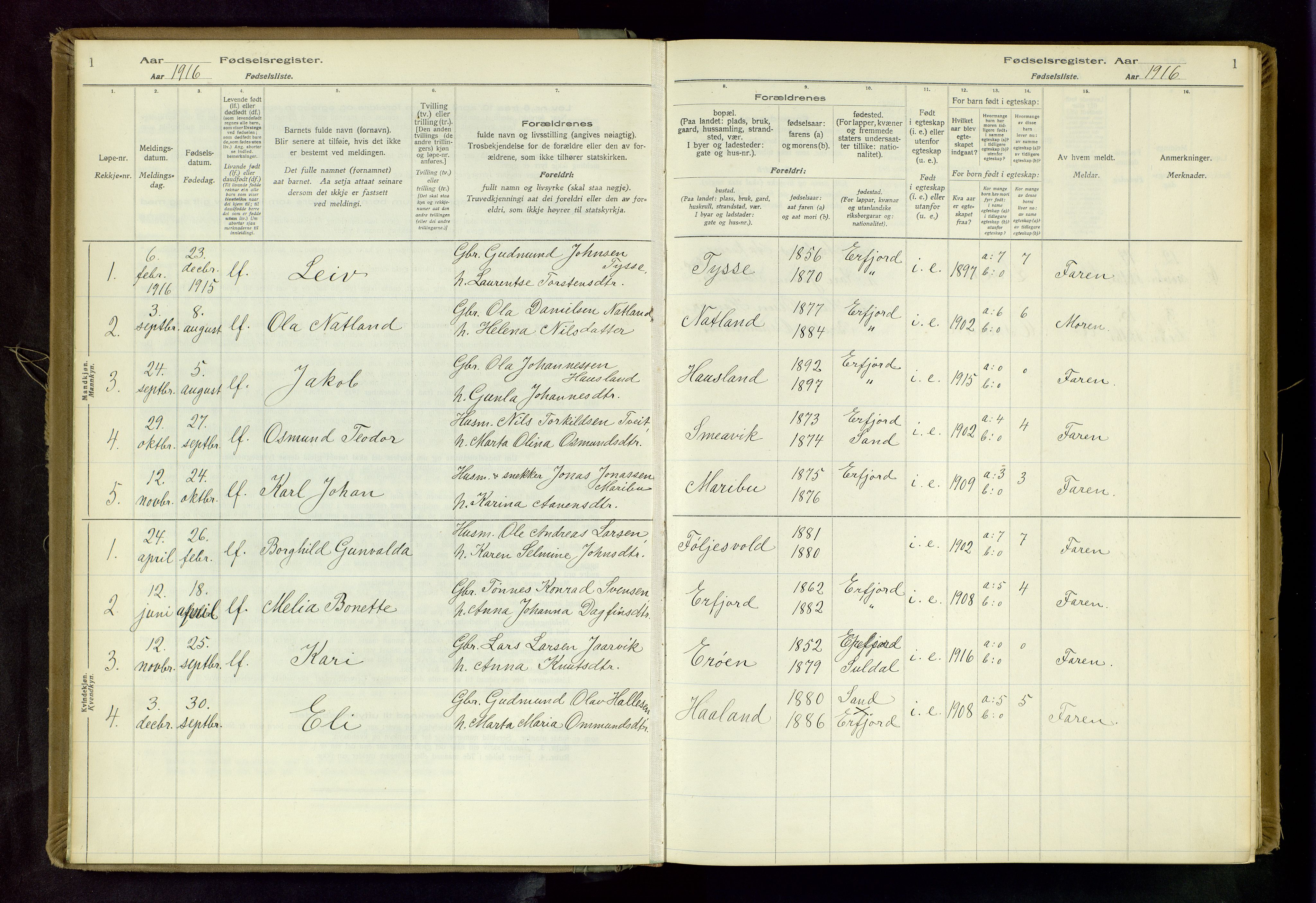 Jelsa sokneprestkontor, AV/SAST-A-101842/02/I: Fødselsregister nr. 14, 1916-1982, s. 1