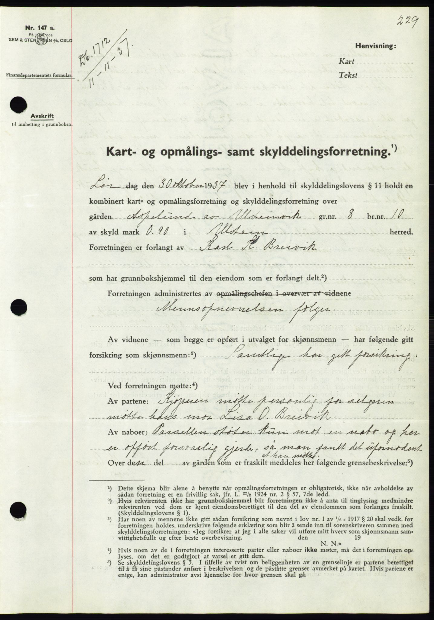 Søre Sunnmøre sorenskriveri, AV/SAT-A-4122/1/2/2C/L0064: Pantebok nr. 58, 1937-1938, Dagboknr: 1712/1937