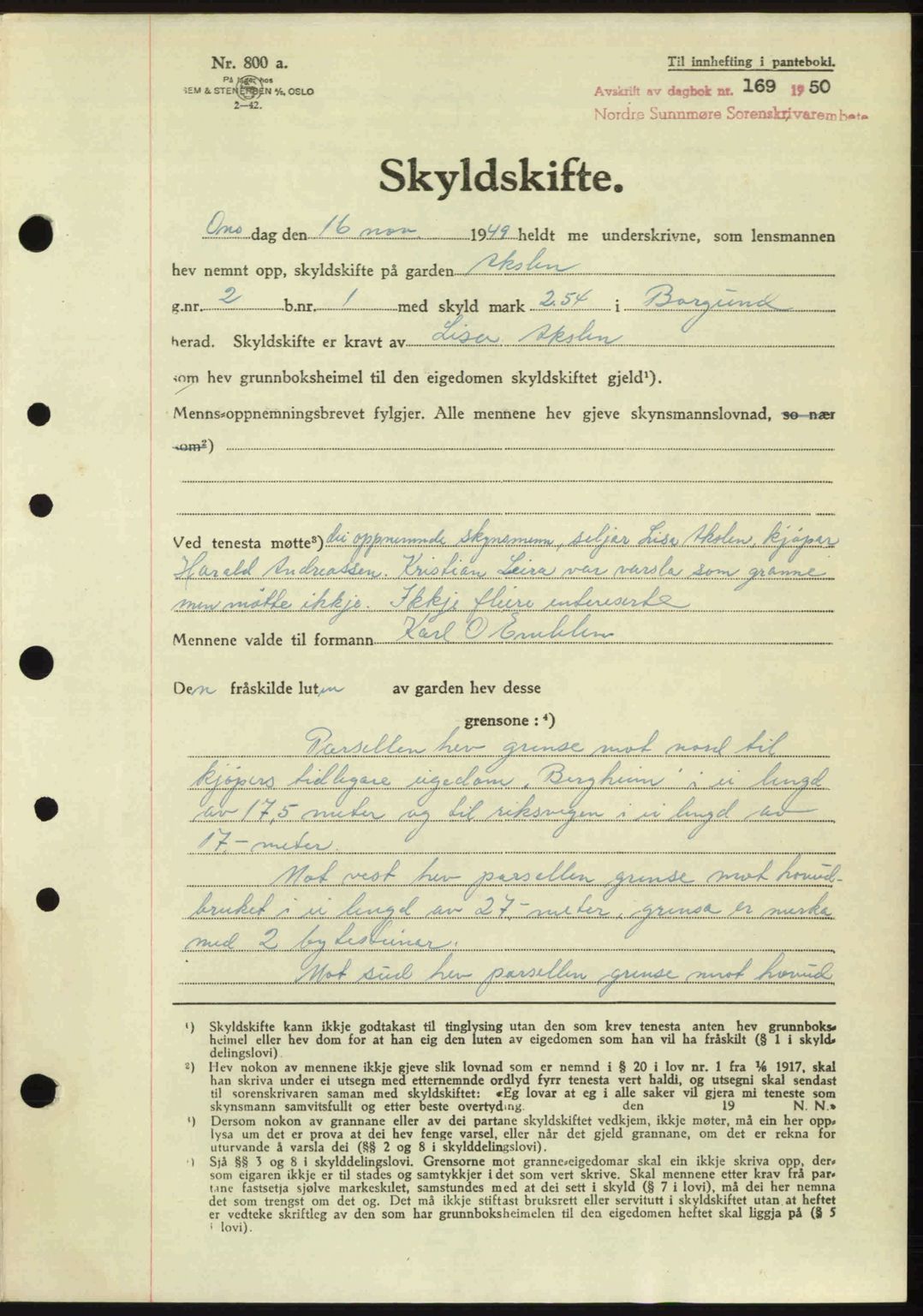 Nordre Sunnmøre sorenskriveri, SAT/A-0006/1/2/2C/2Ca: Pantebok nr. A33, 1949-1950, Dagboknr: 169/1950