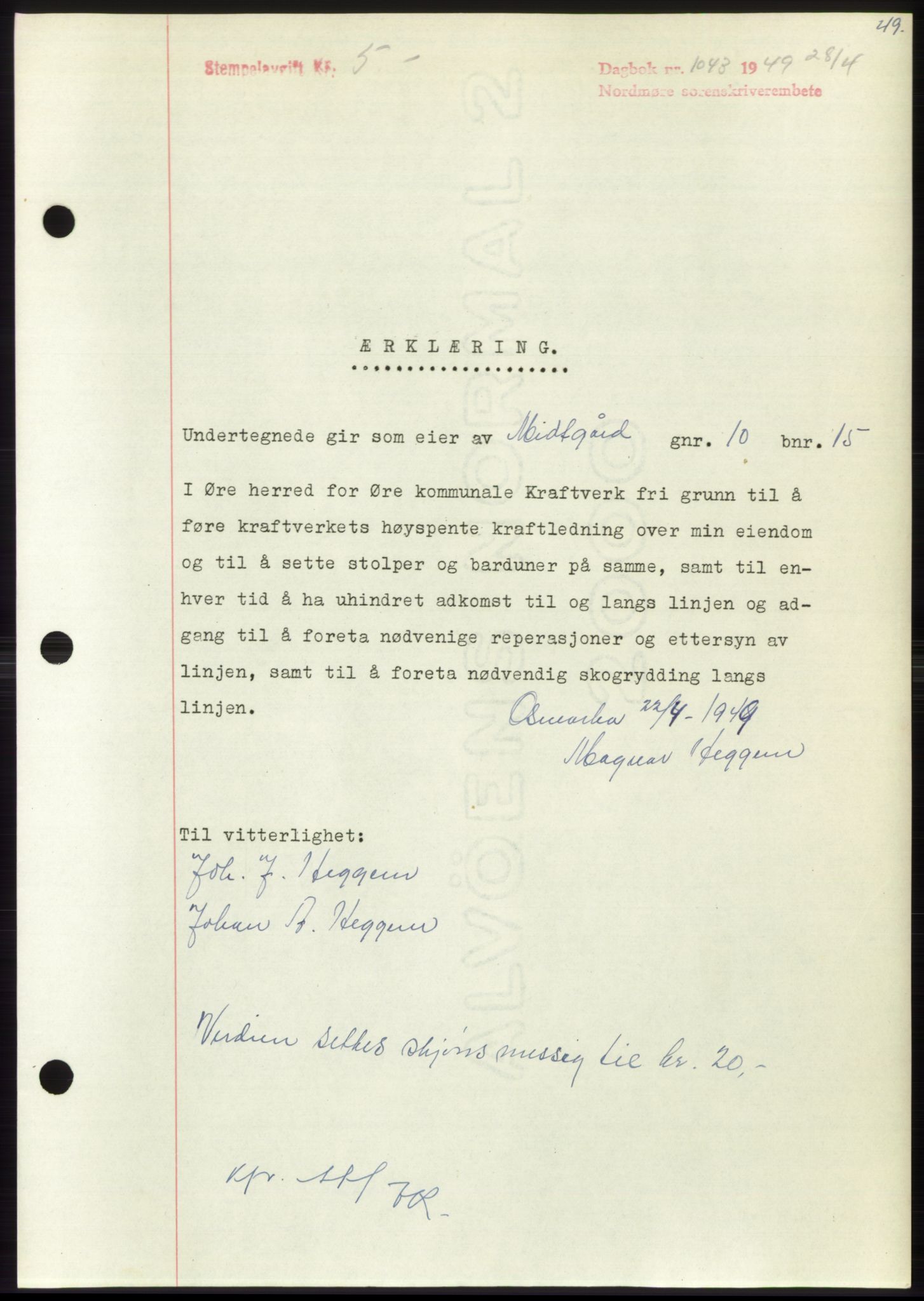 Nordmøre sorenskriveri, SAT/A-4132/1/2/2Ca: Pantebok nr. B101, 1949-1949, Dagboknr: 1043/1949