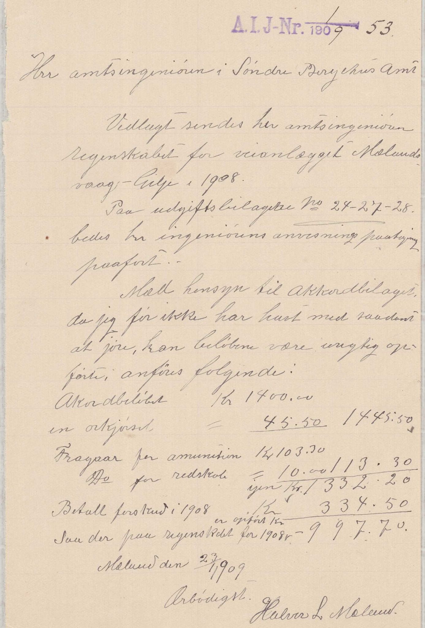 Finnaas kommune. Formannskapet, IKAH/1218a-021/E/Ea/L0001/0005: Rekneskap for veganlegg / Rekneskap for veganlegget Mælandsvåg - Gilje, 1907-1910, s. 20