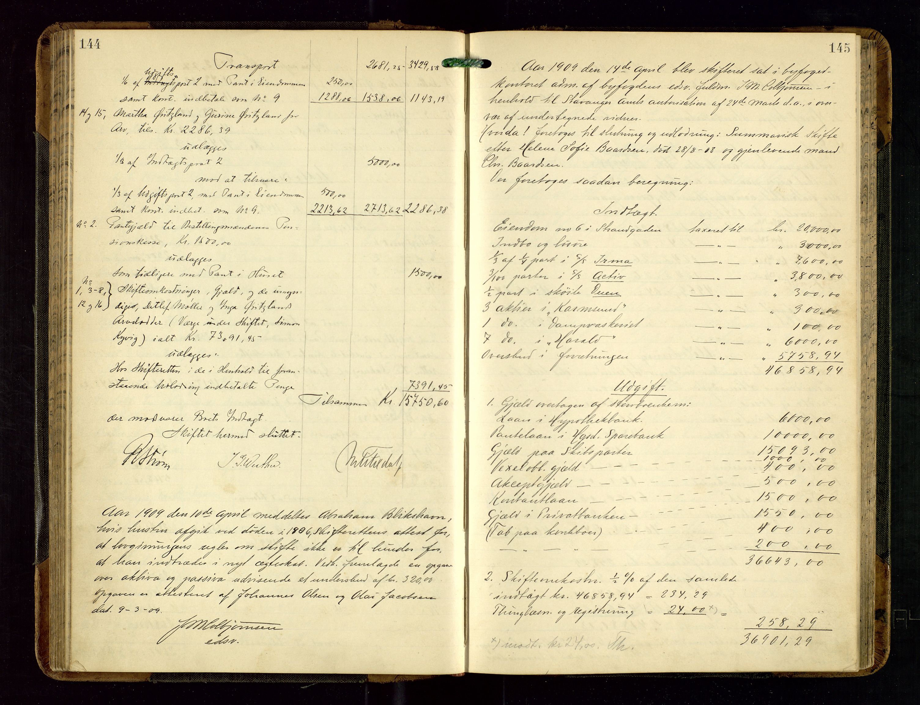 Haugesund tingrett, AV/SAST-A-101415/01/IV/IVD/L0002: Skifteutlodningsprotokoll, med register, 1904-1915, s. 144-145