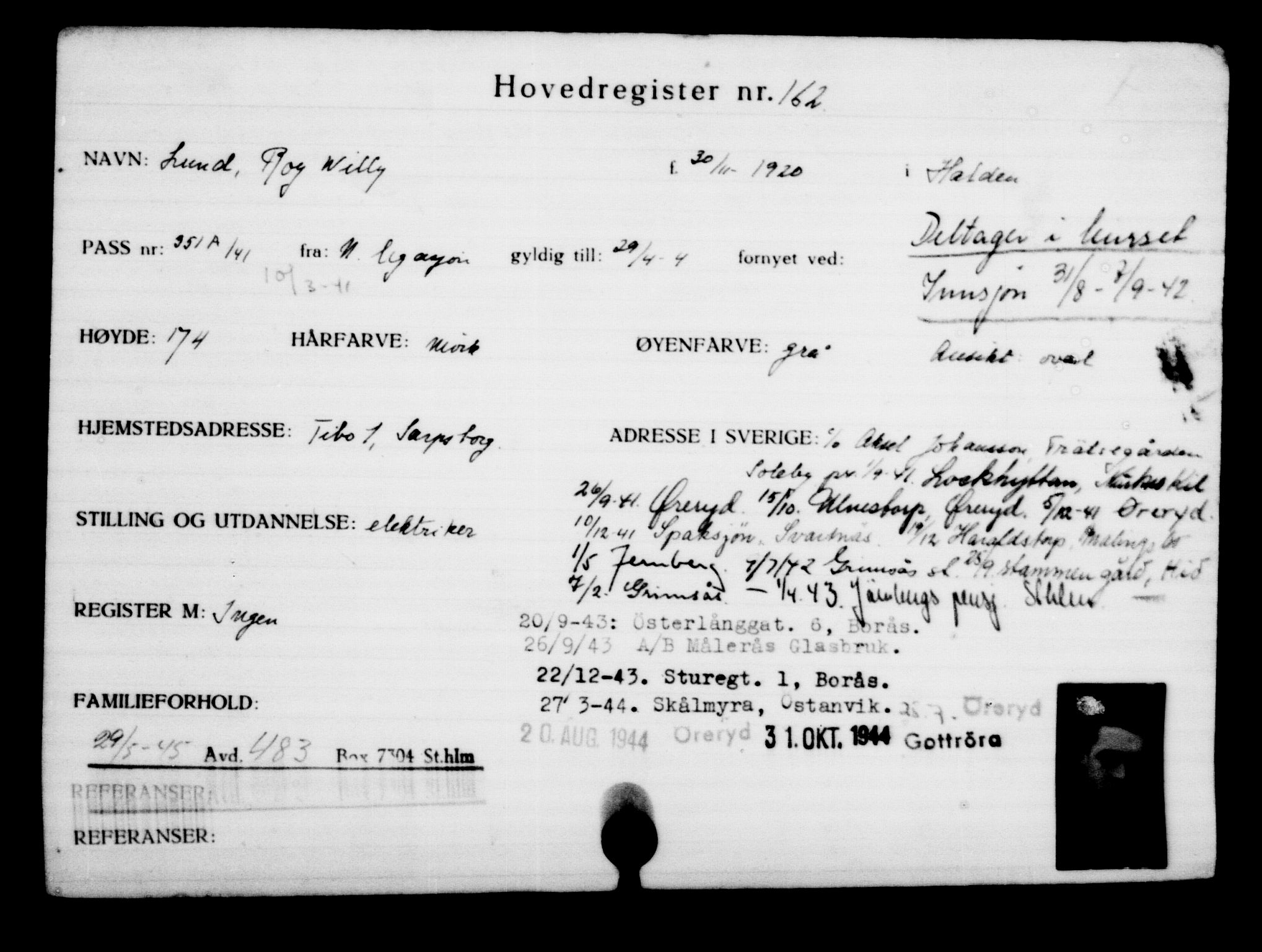 Utenriksstasjonene, Legasjonen i Stockholm, Flyktningkontoret, AV/RA-S-6753/V/Va/L0001: Kjesäterkartoteket, flyktninger med registreringsnr. 1-1000, 1940-1945, s. 262