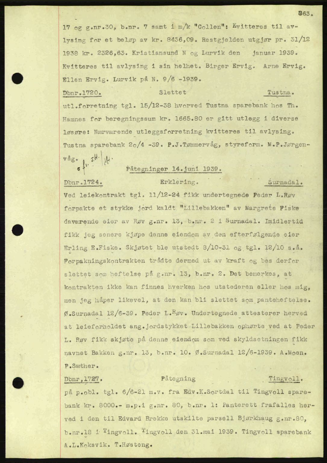 Nordmøre sorenskriveri, SAT/A-4132/1/2/2Ca: Pantebok nr. C80, 1936-1939, Dagboknr: 1720/1939