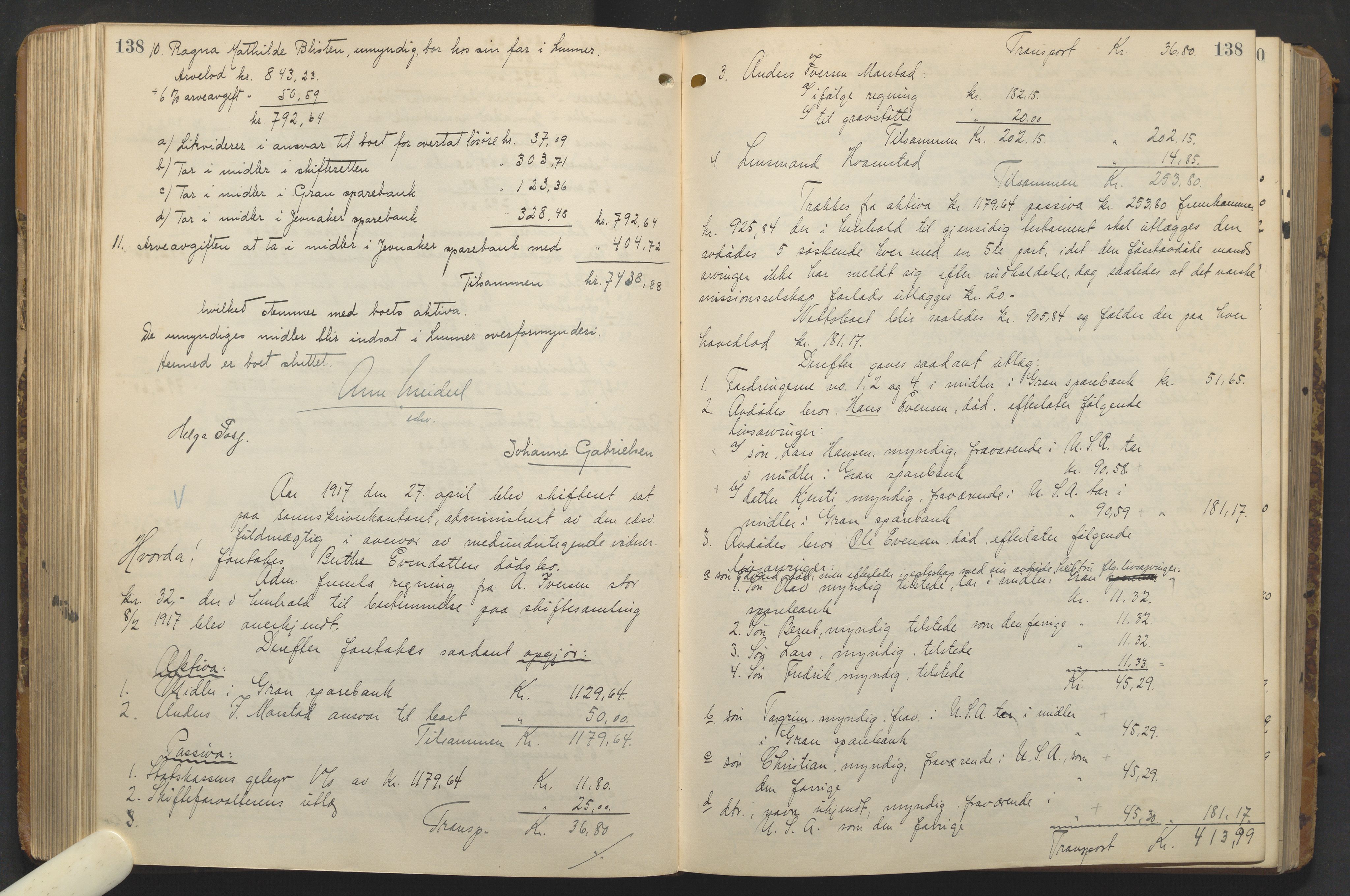 Hadeland og Land tingrett, AV/SAH-TING-010/J/Jd/L0005: Skifteutlodningsprotokoll, 1913-1924, s. 138