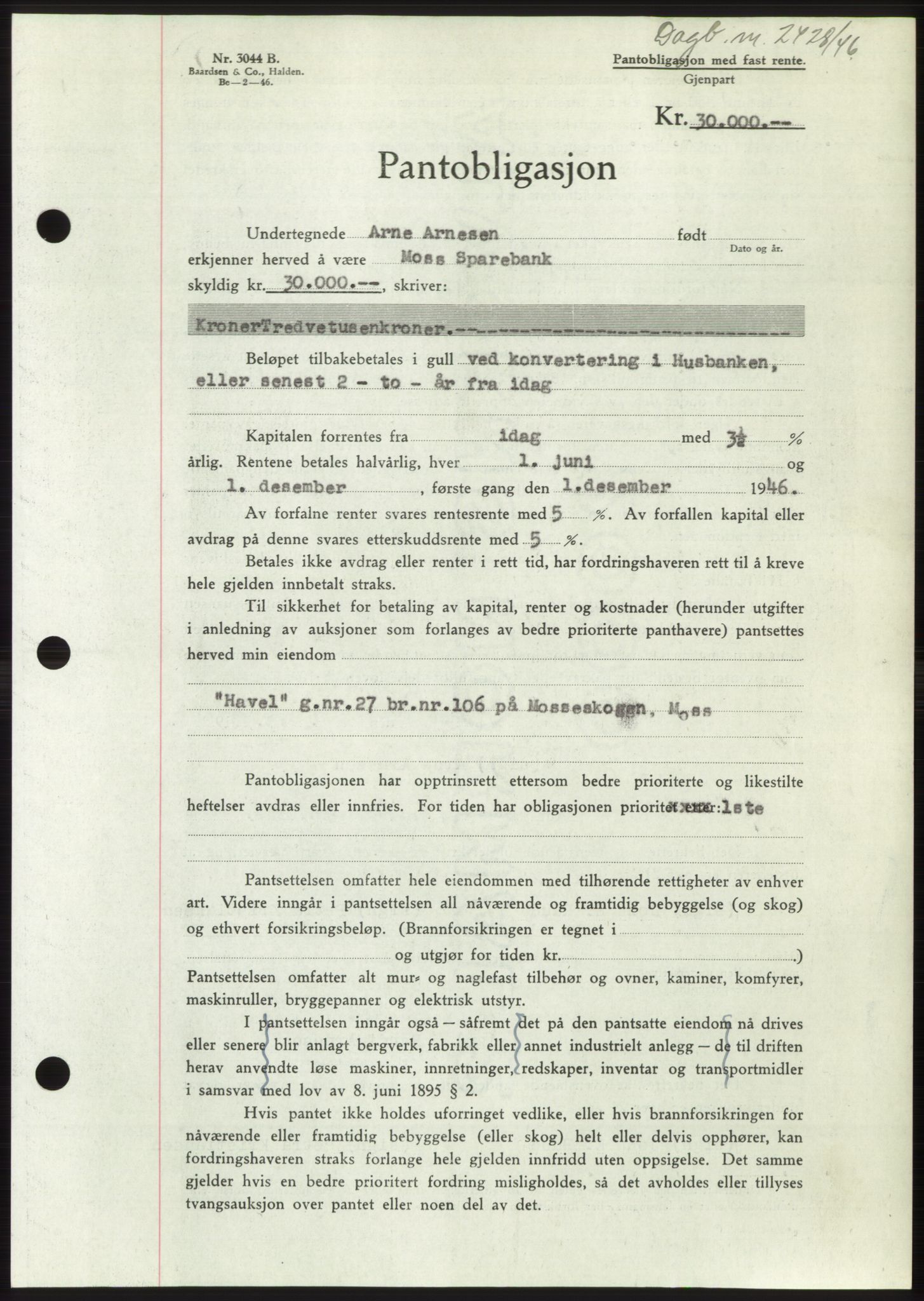 Moss sorenskriveri, SAO/A-10168: Pantebok nr. B16, 1946-1947, Dagboknr: 2428/1946