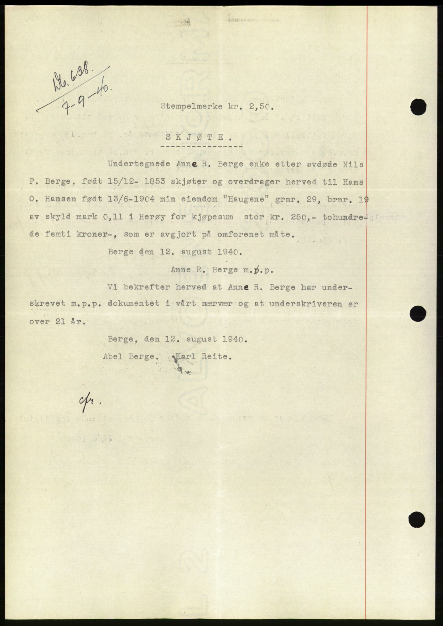 Søre Sunnmøre sorenskriveri, AV/SAT-A-4122/1/2/2C/L0070: Pantebok nr. 64, 1940-1941, Dagboknr: 638/1940