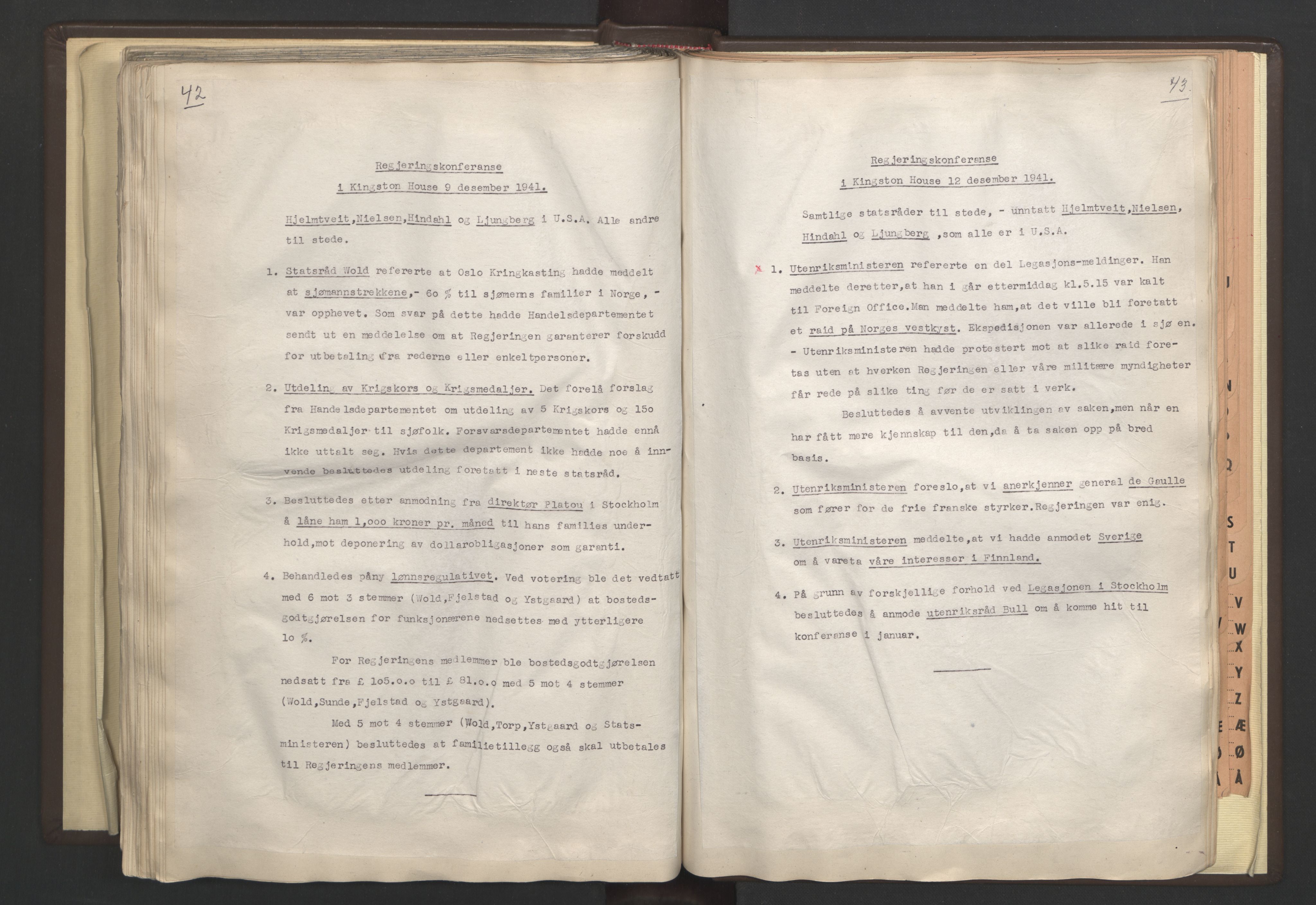 Statsministerens kontor, RA/S-1005/A/Aa/L0001: Referat fra regjeringskonferanser, 1940-1941, s. 42-43