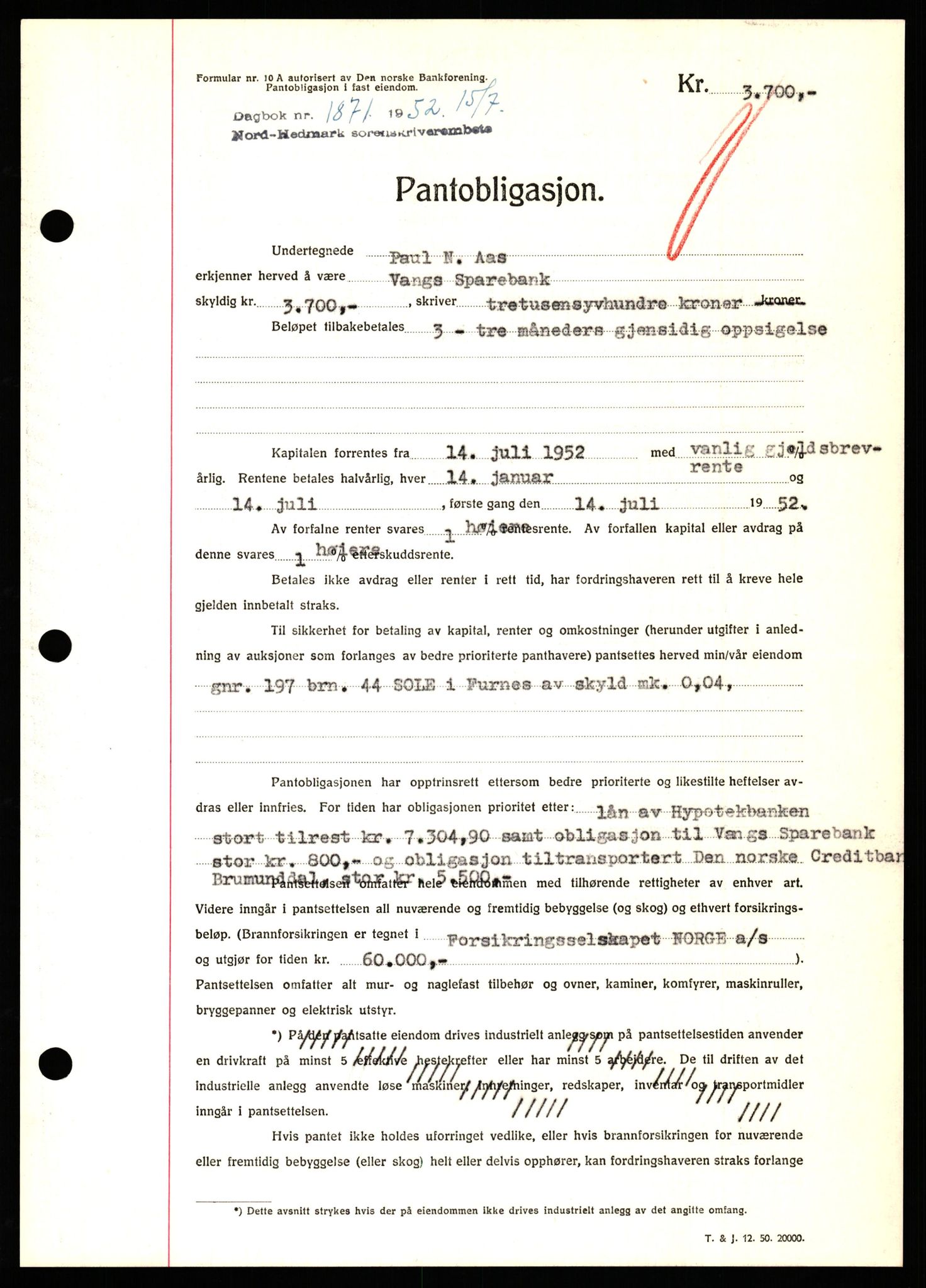 Nord-Hedmark sorenskriveri, SAH/TING-012/H/Hb/Hbf/L0025: Pantebok nr. B25, 1952-1952, Dagboknr: 1871/1952