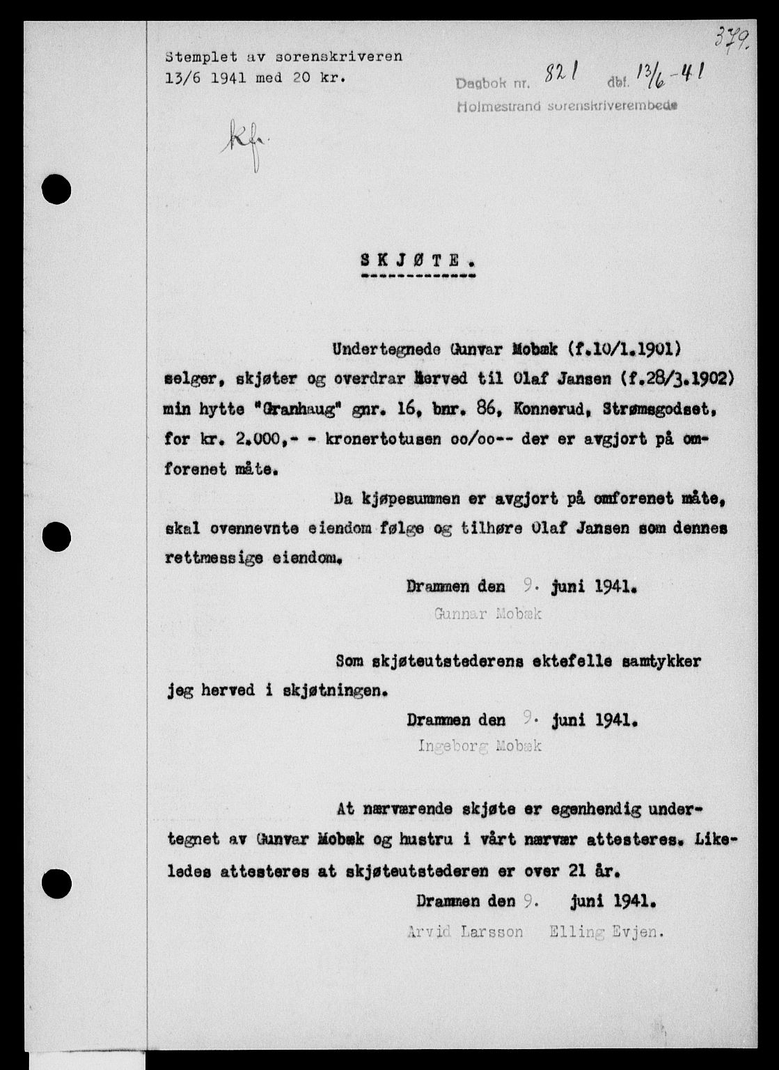 Holmestrand sorenskriveri, SAKO/A-67/G/Ga/Gaa/L0053: Pantebok nr. A-53, 1941-1941, Dagboknr: 821/1941