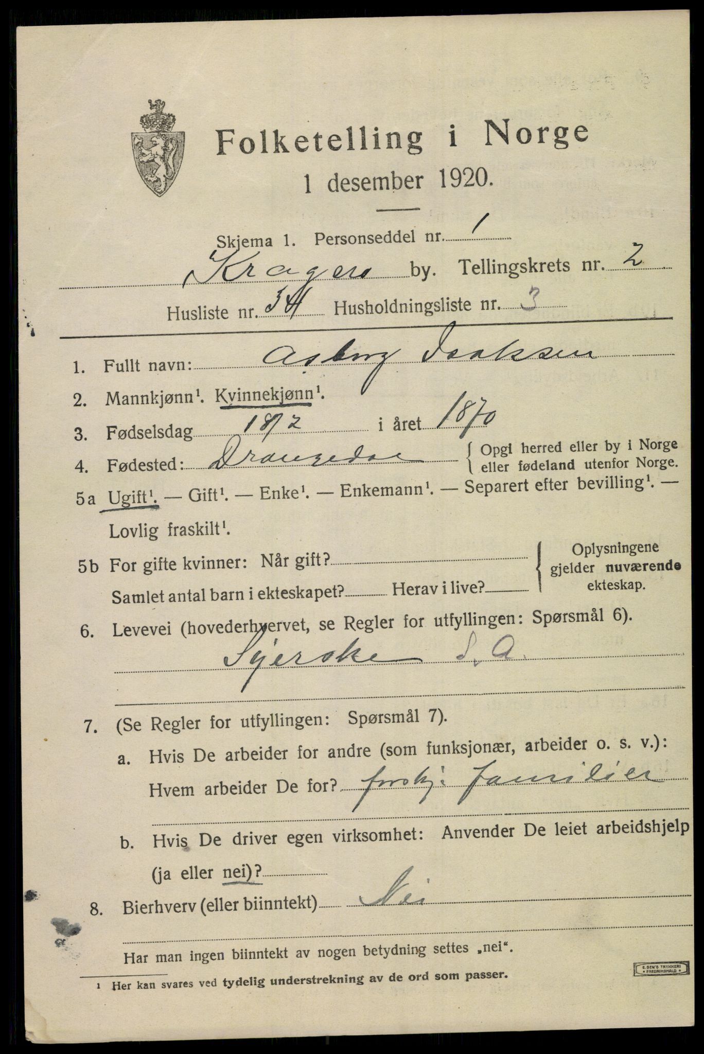 SAKO, Folketelling 1920 for 0801 Kragerø kjøpstad, 1920, s. 5763