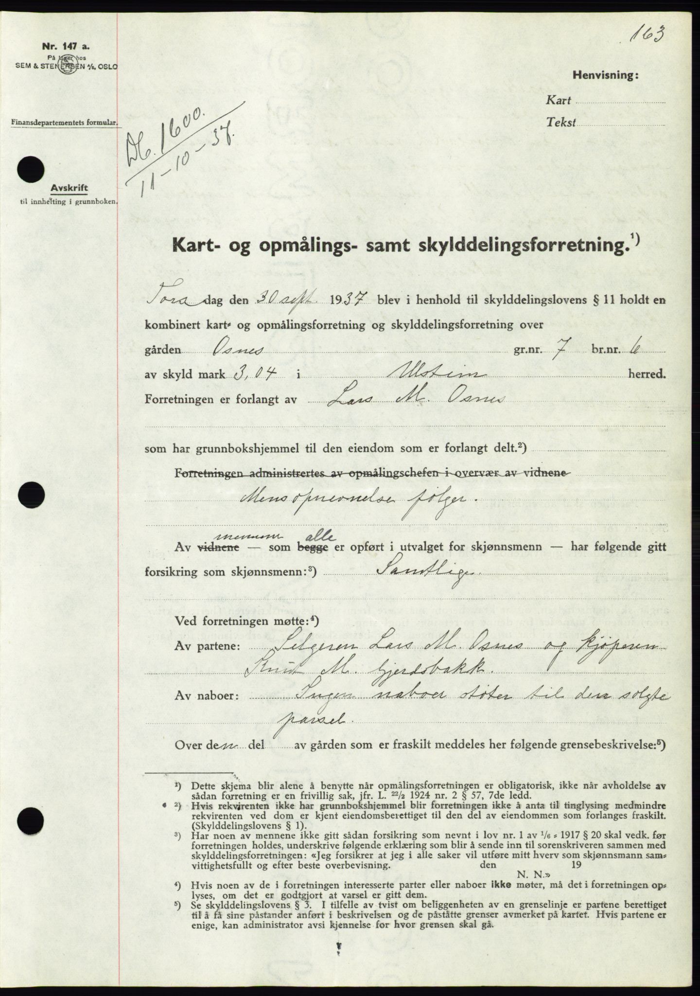 Søre Sunnmøre sorenskriveri, SAT/A-4122/1/2/2C/L0064: Pantebok nr. 58, 1937-1938, Dagboknr: 1600/1937