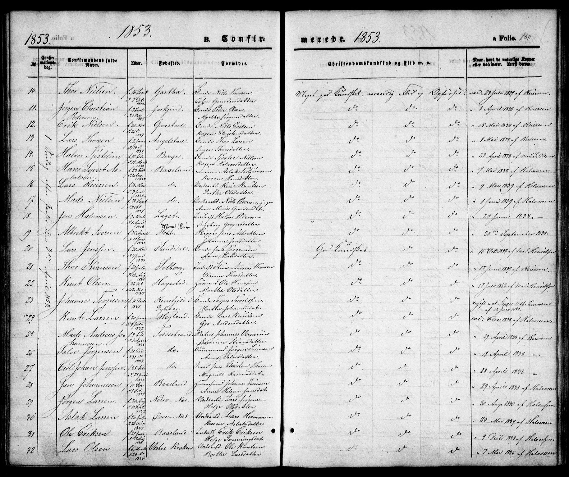 Holt sokneprestkontor, AV/SAK-1111-0021/F/Fa/L0008: Ministerialbok nr. A 8, 1849-1860, s. 180