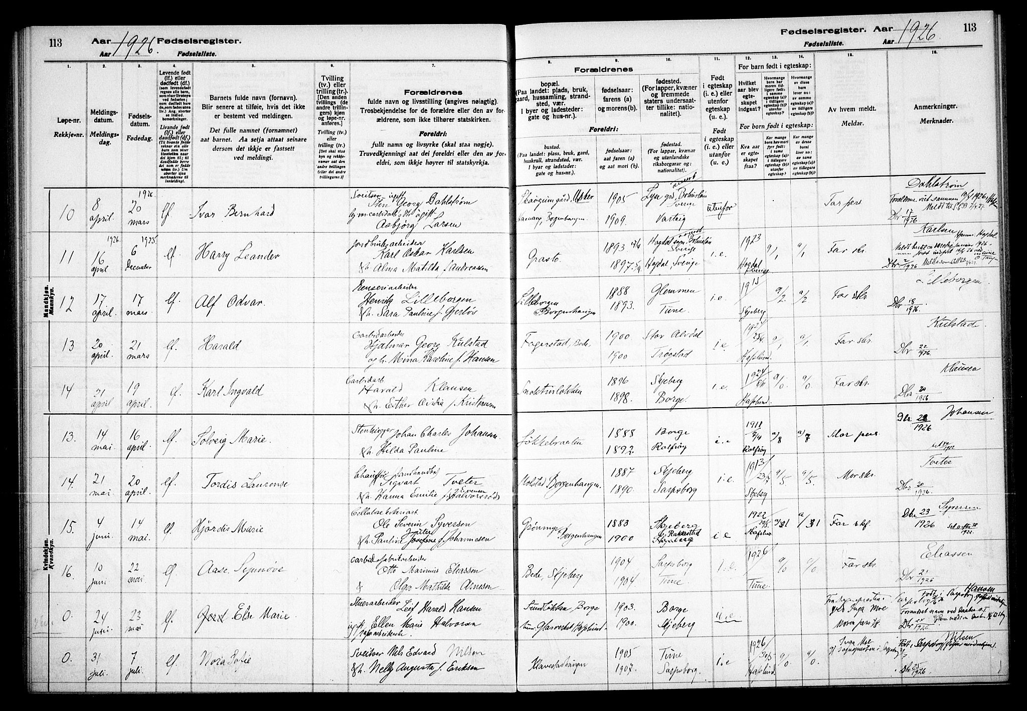 Skjeberg prestekontor Kirkebøker, AV/SAO-A-10923/J/Jd/L0001: Fødselsregister nr. IV 1, 1916-1935, s. 113