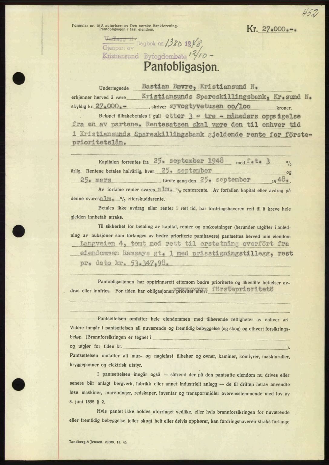 Kristiansund byfogd, AV/SAT-A-4587/A/27: Pantebok nr. 44, 1947-1948, Dagboknr: 1380/1948