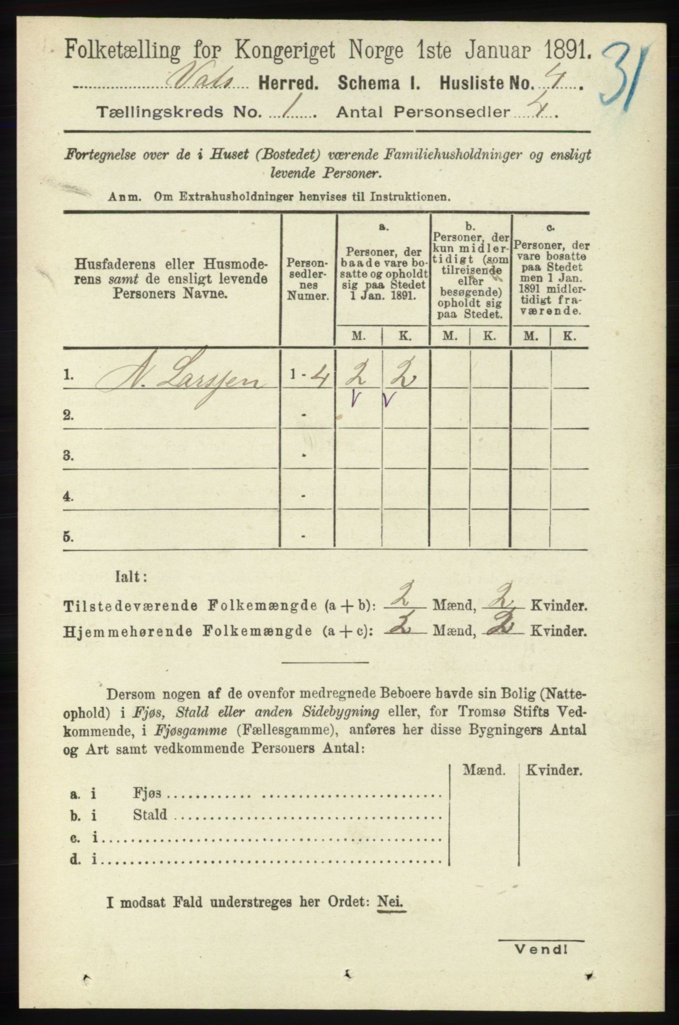 RA, Folketelling 1891 for 1155 Vats herred, 1891, s. 26