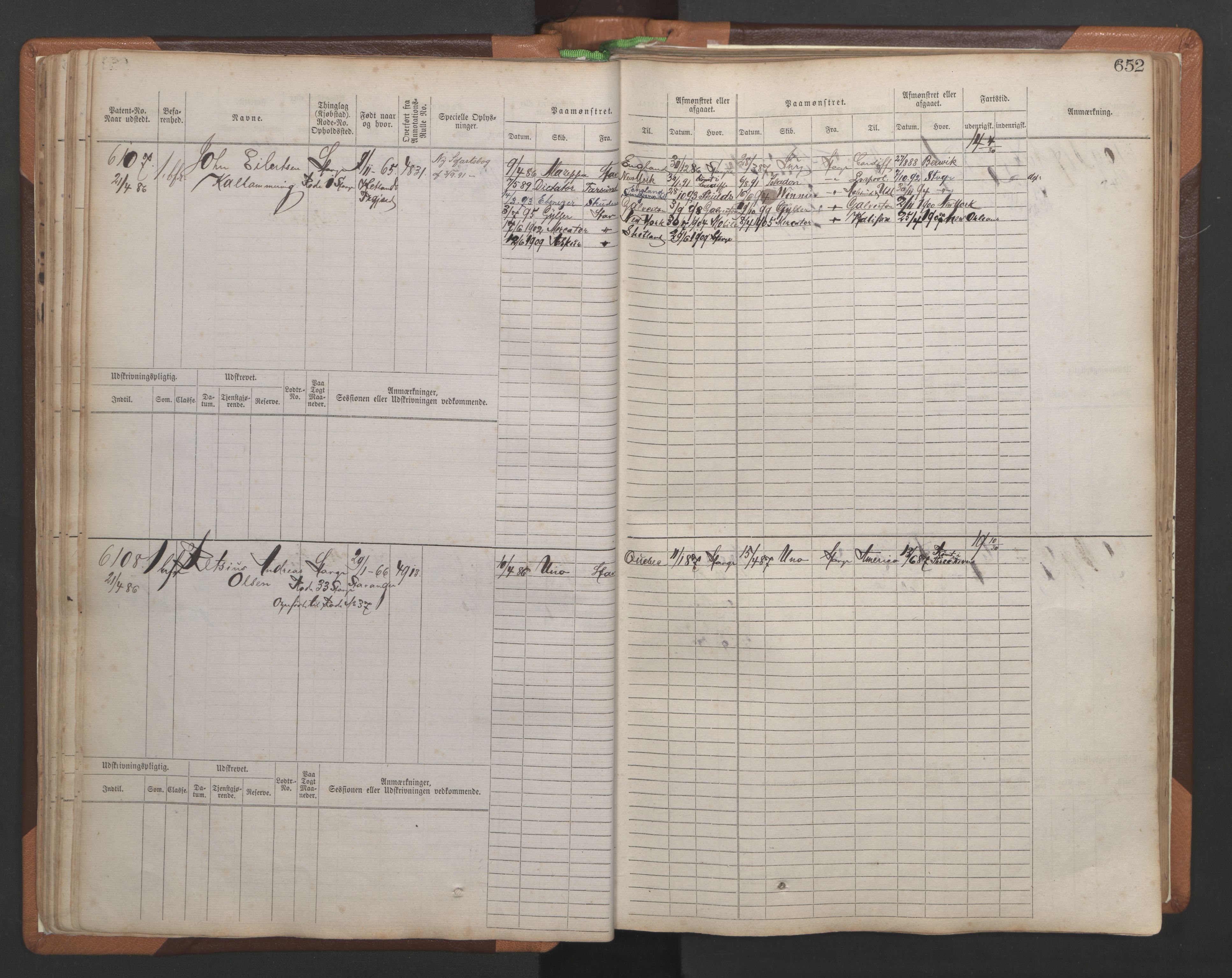 Stavanger sjømannskontor, AV/SAST-A-102006/F/Fb/Fbb/L0010: Sjøfartshovedrulle, patentnr. 6007-6606 (del 1), 1887-1896, s. 56