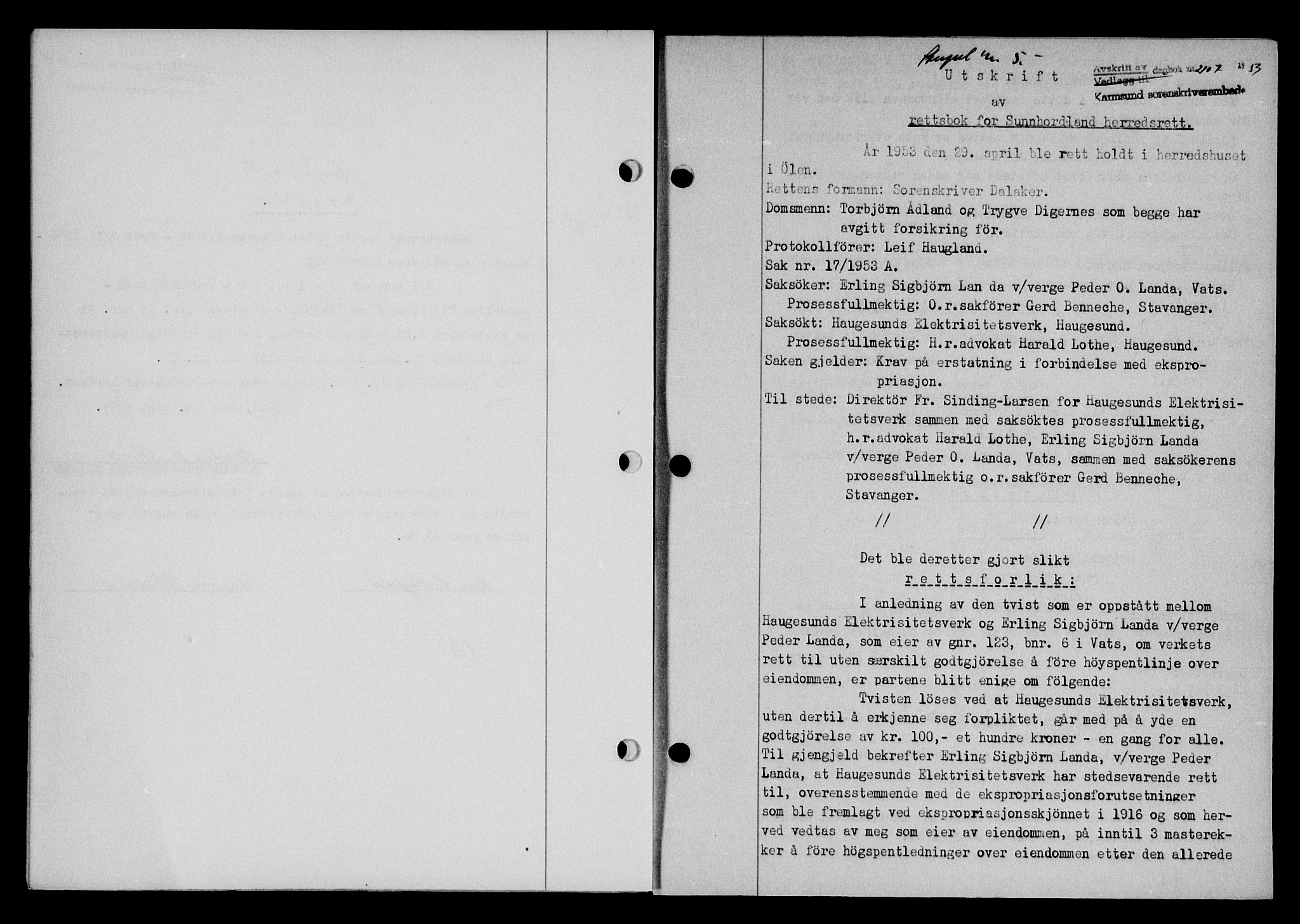 Karmsund sorenskriveri, SAST/A-100311/01/II/IIB/L0109: Pantebok nr. 89A, 1953-1953, Dagboknr: 2107/1953