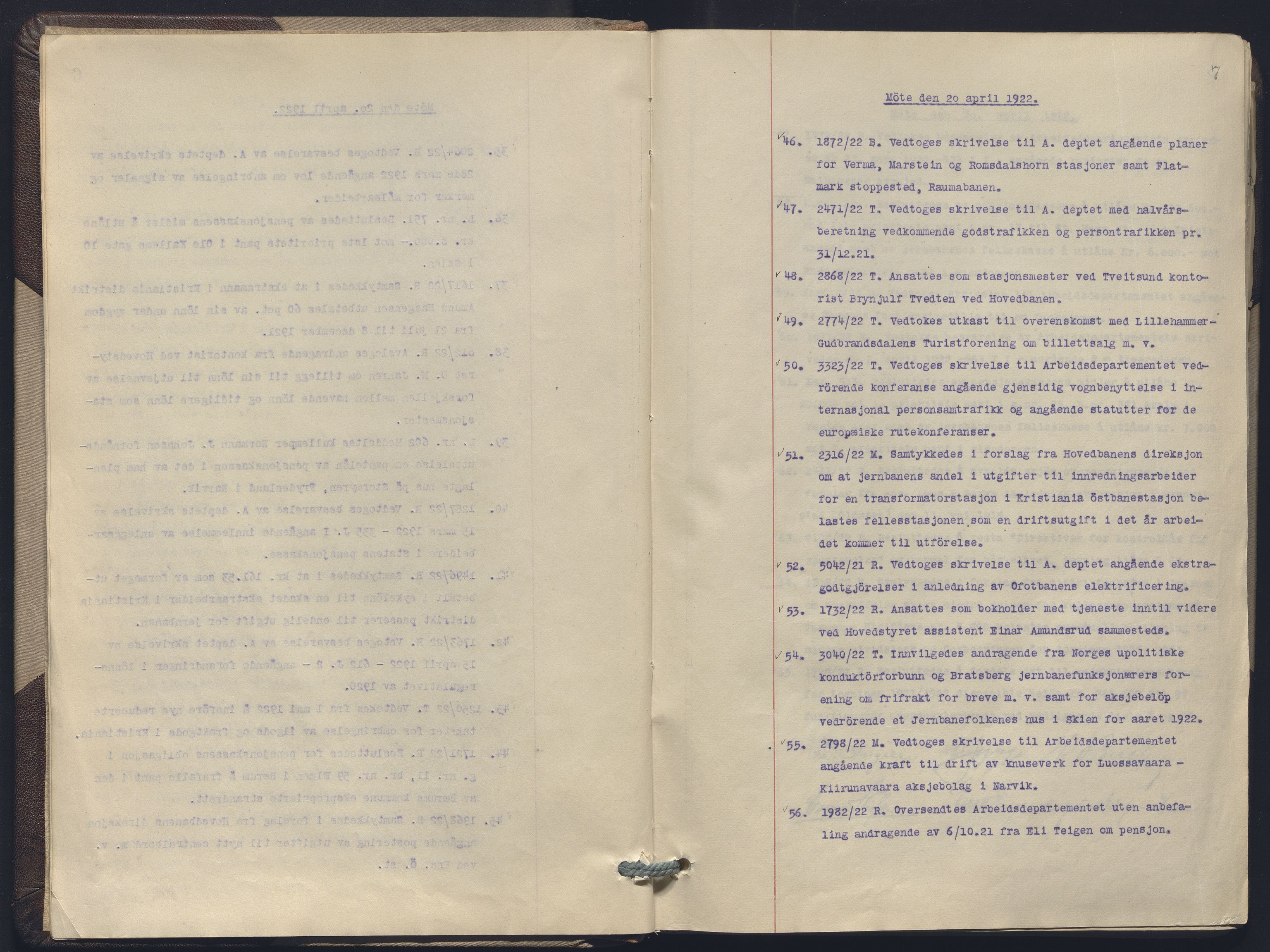 Norges statsbaner, Administrasjons- økonomi- og personalavdelingen, AV/RA-S-3412/A/Aa/L0019: Forhandlingsprotokoll, 1922-1924, s. 7