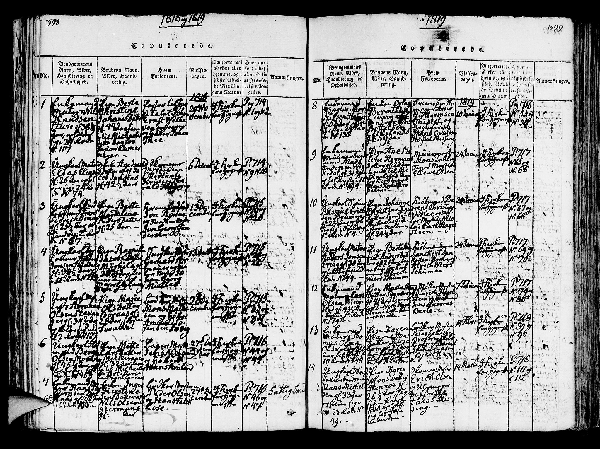 Korskirken sokneprestembete, SAB/A-76101/H/Hab: Klokkerbok nr. A 1b, 1815-1821, s. 398-399