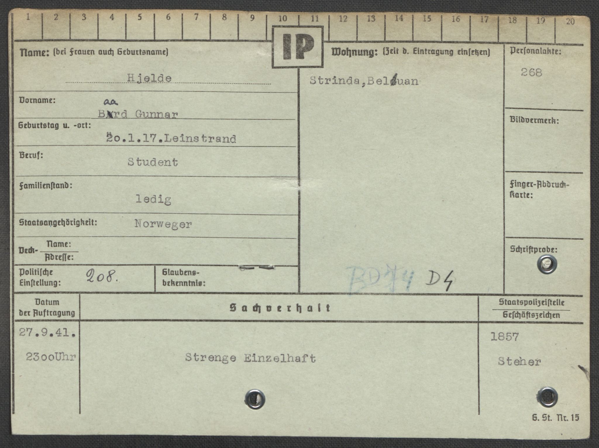 Befehlshaber der Sicherheitspolizei und des SD, AV/RA-RAFA-5969/E/Ea/Eaa/L0004: Register over norske fanger i Møllergata 19: Hal-Hæ, 1940-1945, s. 1123