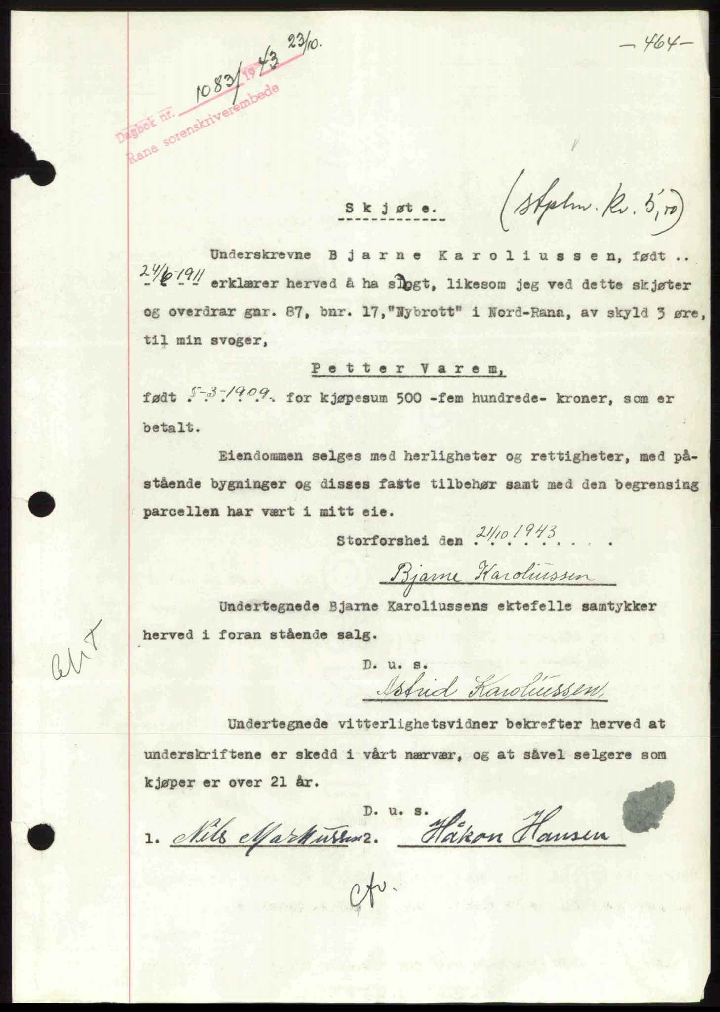 Rana sorenskriveri , SAT/A-1108/1/2/2C: Pantebok nr. A 10, 1942-1943, Dagboknr: 1083/1943