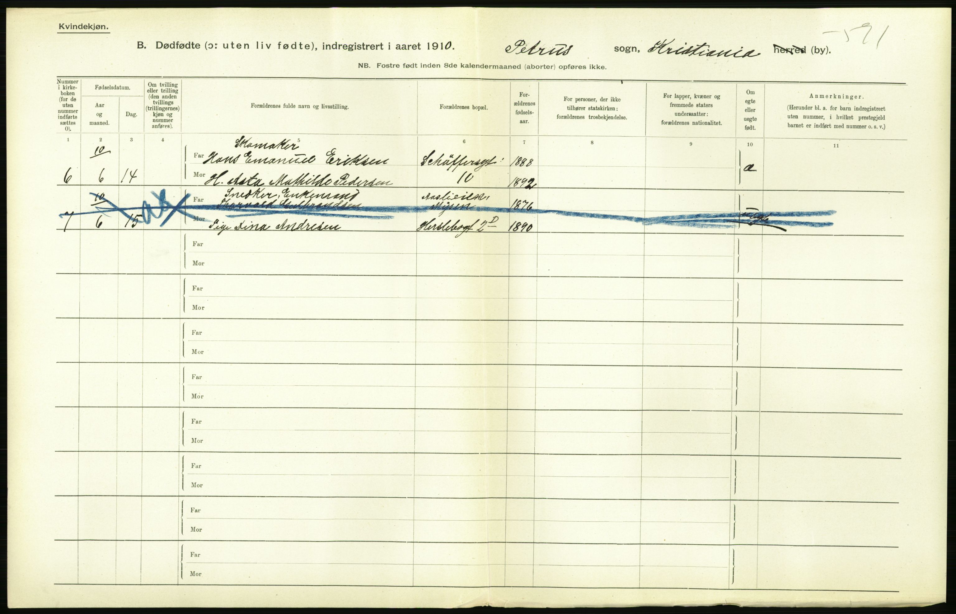 Statistisk sentralbyrå, Sosiodemografiske emner, Befolkning, AV/RA-S-2228/D/Df/Dfa/Dfah/L0009: Kristiania: Gifte og dødfødte., 1910, s. 838