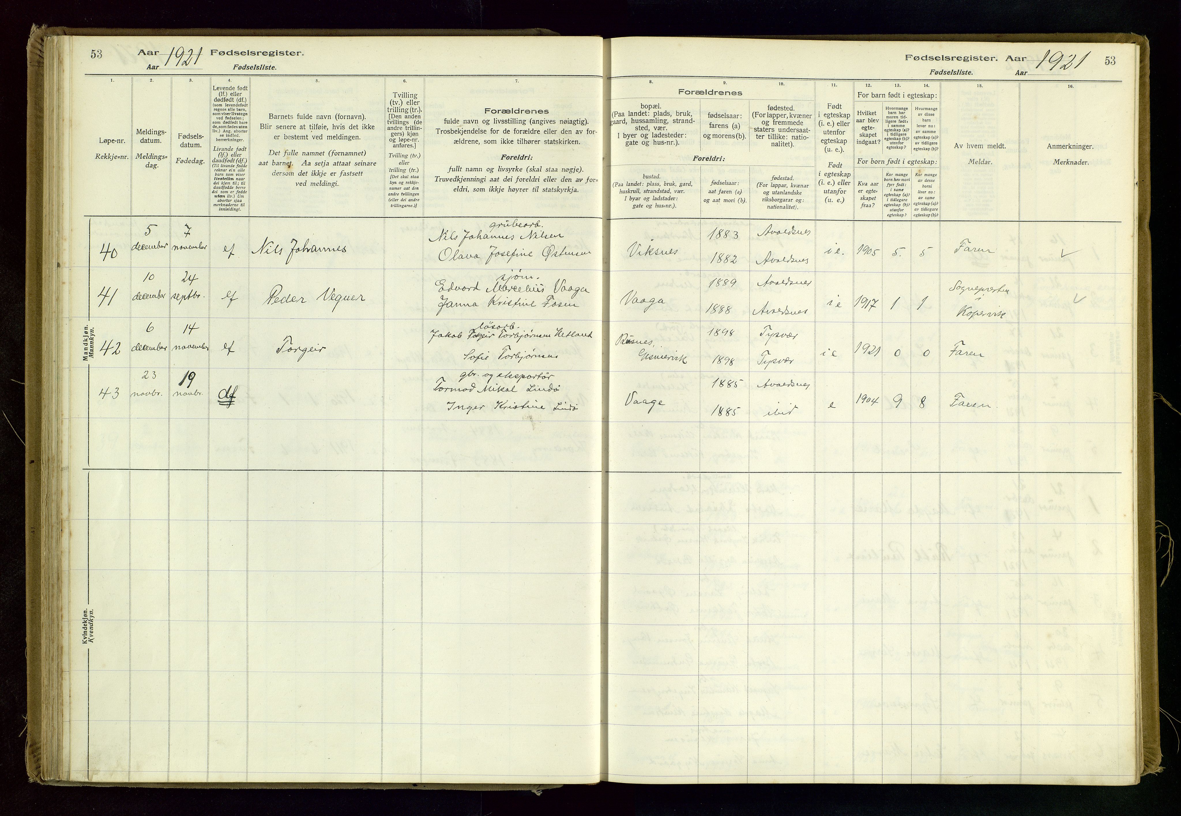 Avaldsnes sokneprestkontor, AV/SAST-A -101851/I/Id/L0001: Fødselsregister nr. 1, 1916-1946, s. 53