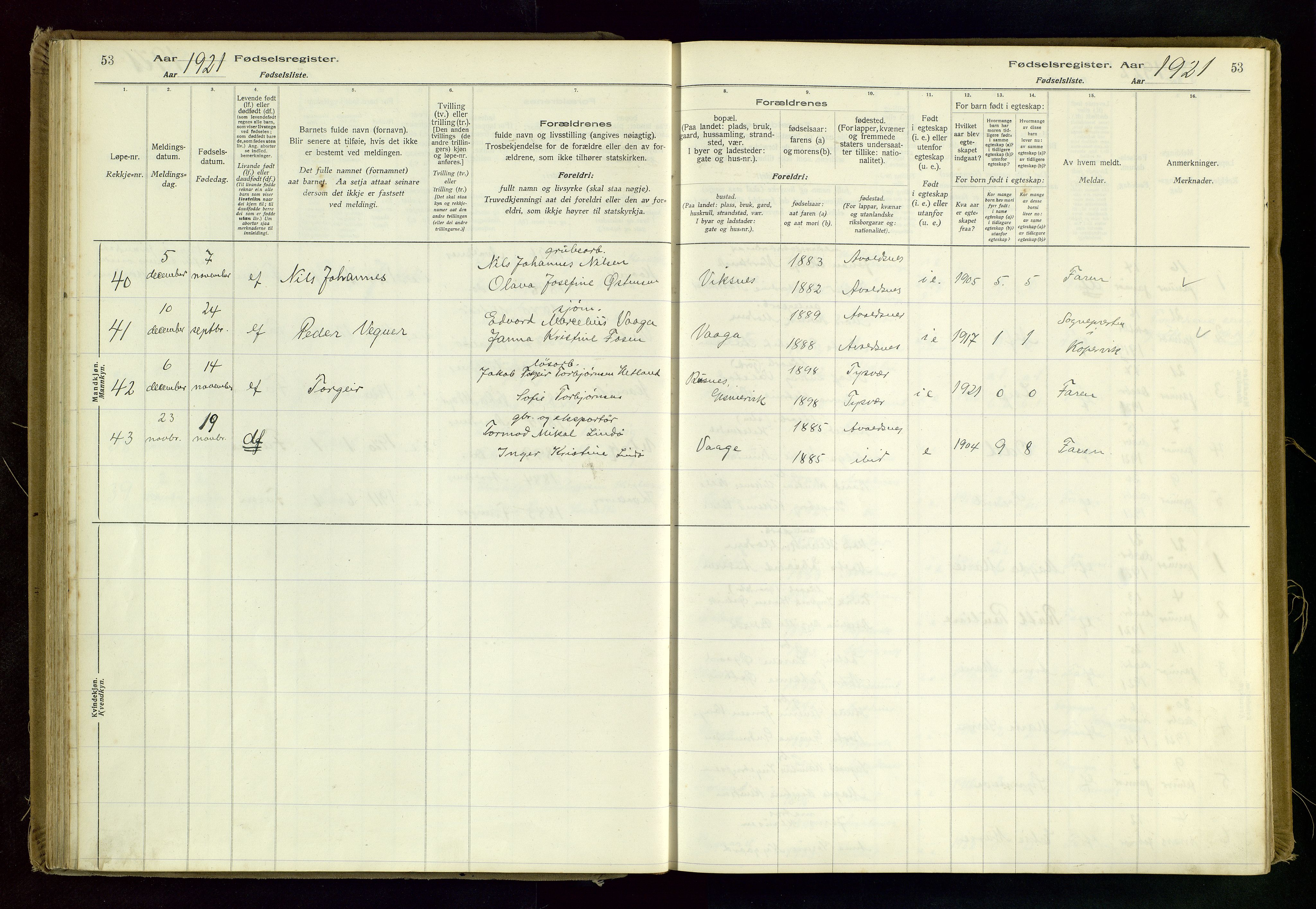 Avaldsnes sokneprestkontor, SAST/A -101851/I/Id/L0001: Fødselsregister nr. 1, 1916-1946, s. 53