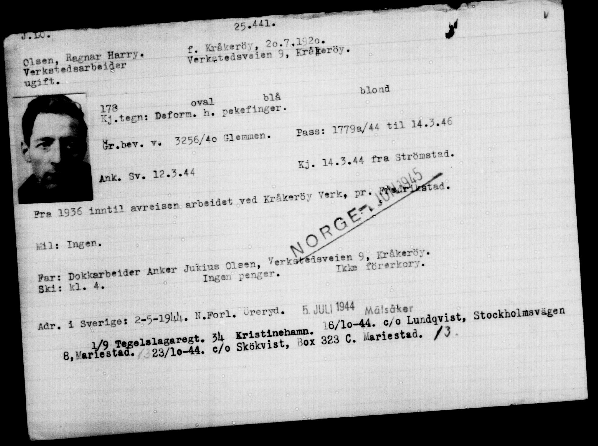 Utenriksstasjonene, Legasjonen i Stockholm, Flyktningkontoret, AV/RA-S-6753/V/Va/L0011: Kjesäterkartoteket, flyktninger med registreringsnr. 25300-28349, 1940-1945, s. 147