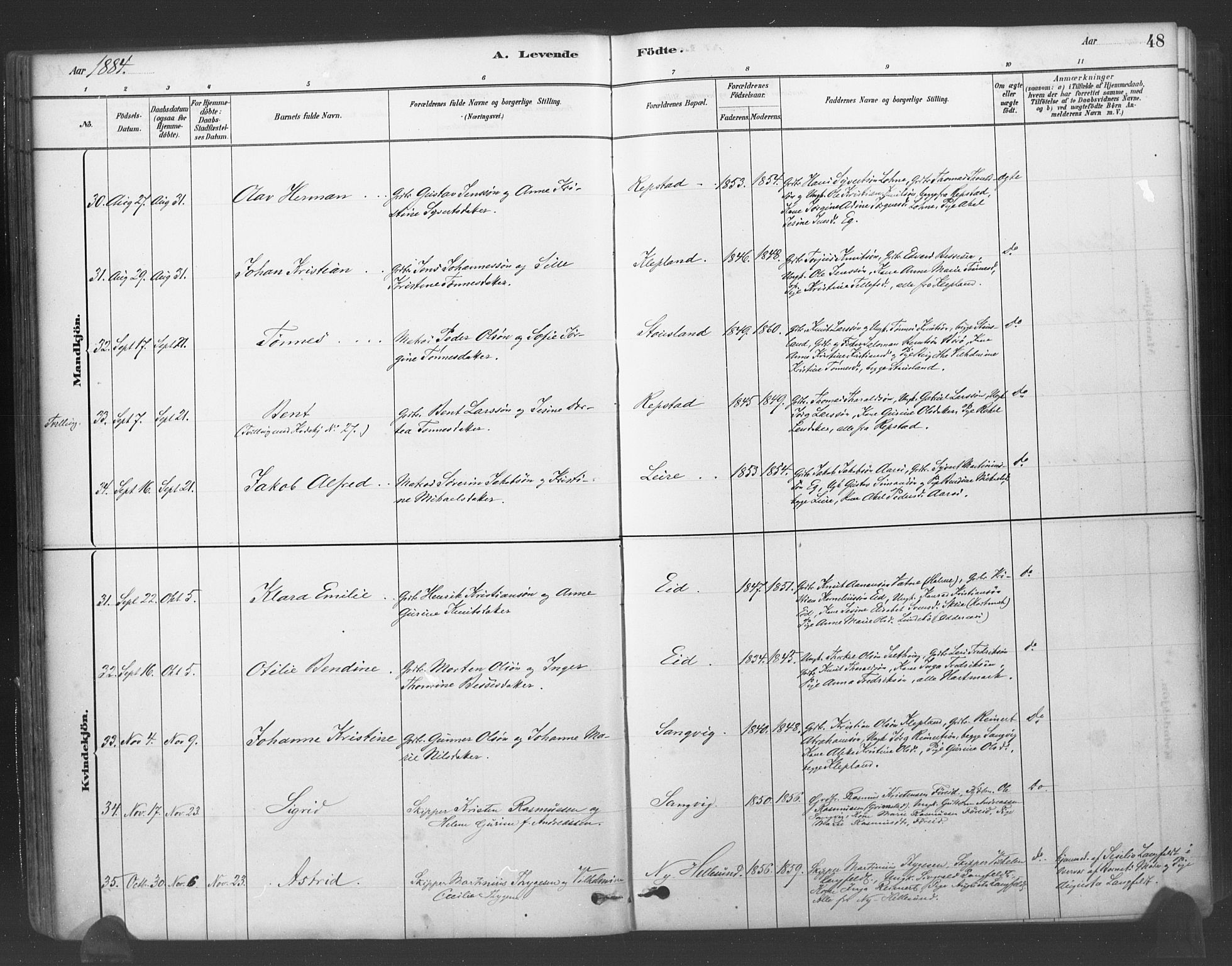 Søgne sokneprestkontor, SAK/1111-0037/F/Fa/Fab/L0012: Ministerialbok nr. A 12, 1880-1891, s. 48