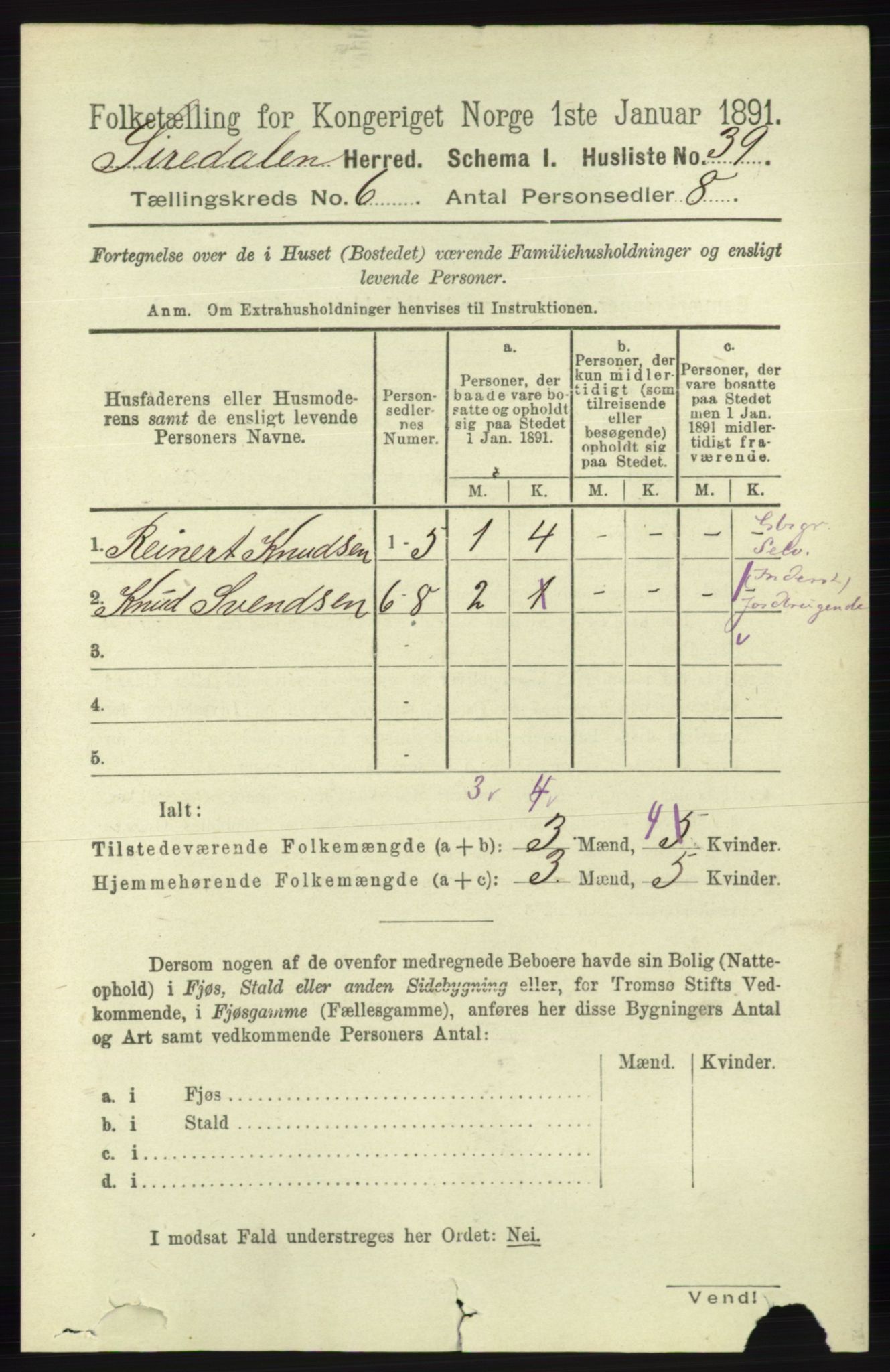 RA, Folketelling 1891 for 1046 Sirdal herred, 1891, s. 1630