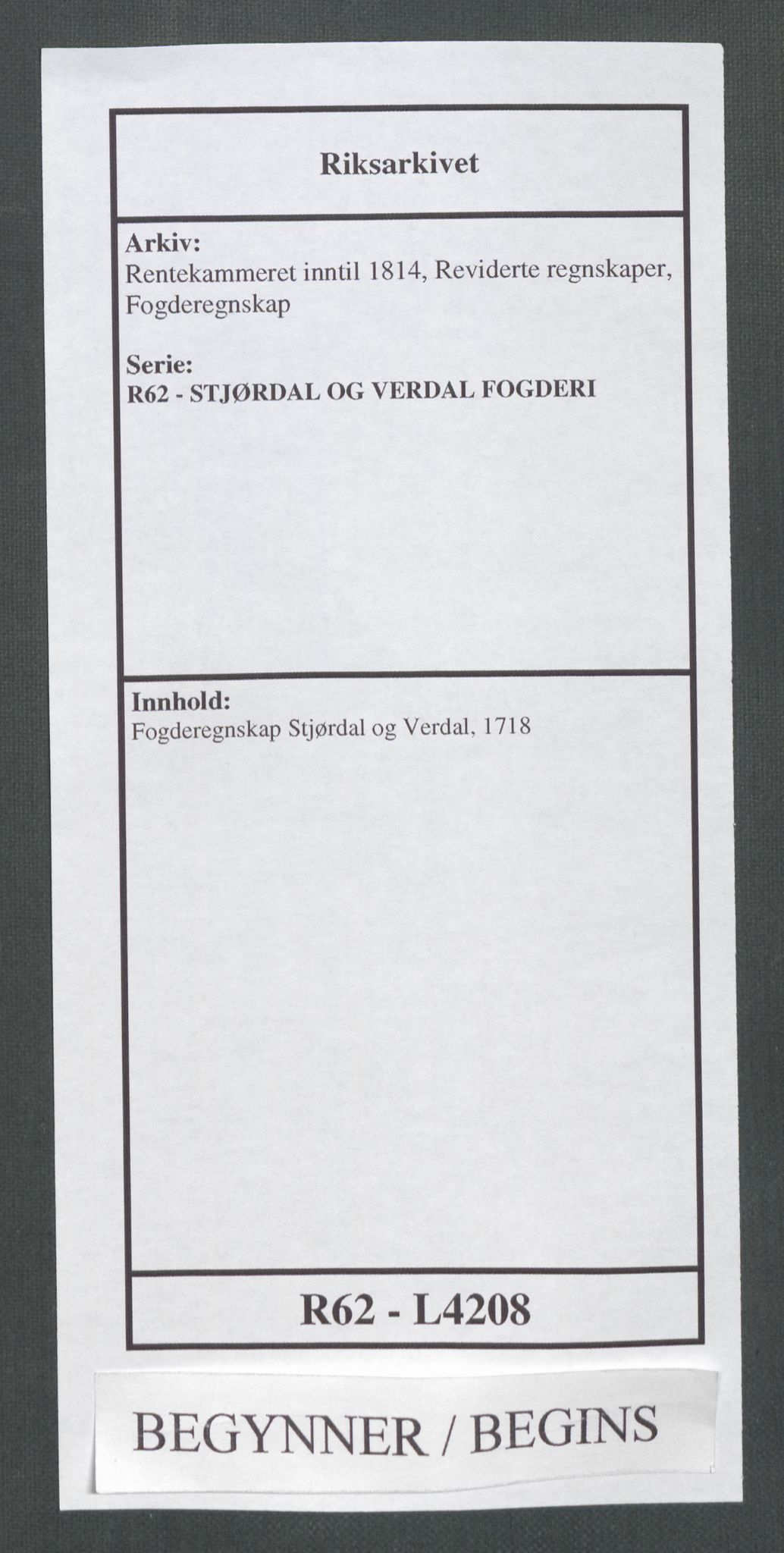 Rentekammeret inntil 1814, Reviderte regnskaper, Fogderegnskap, RA/EA-4092/R62/L4208: Fogderegnskap Stjørdal og Verdal, 1718, s. 1