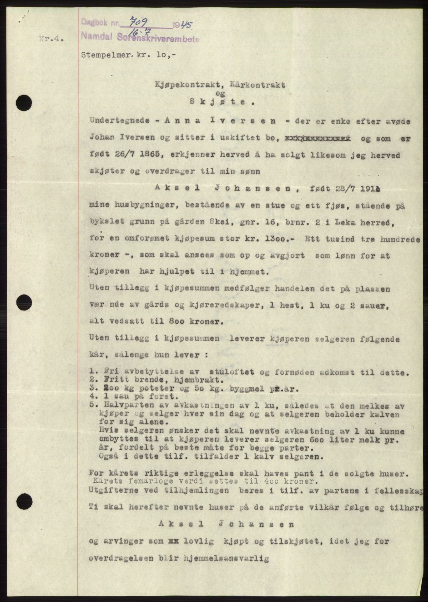 Namdal sorenskriveri, SAT/A-4133/1/2/2C: Pantebok nr. -, 1944-1945, Dagboknr: 709/1945