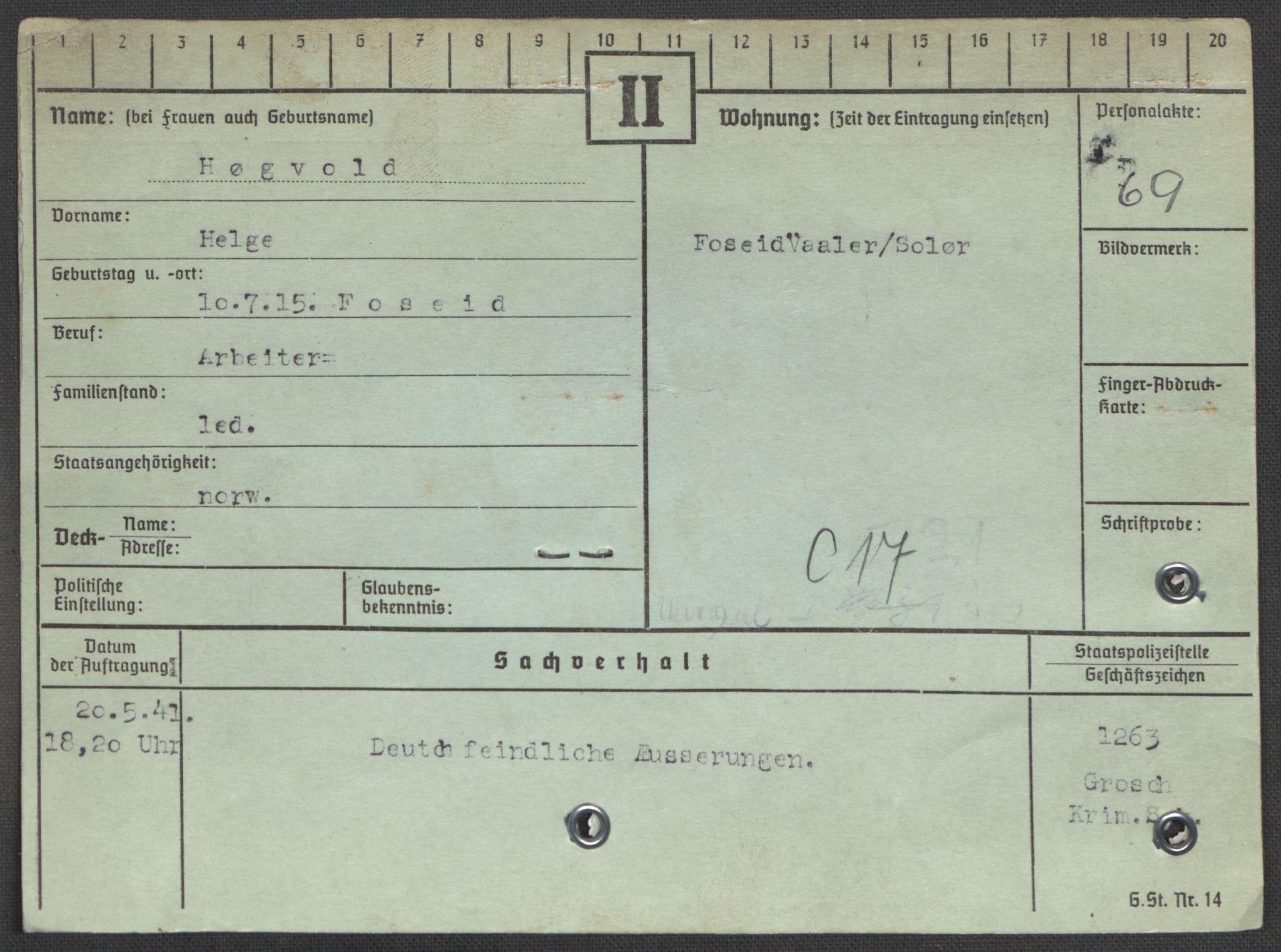 Befehlshaber der Sicherheitspolizei und des SD, AV/RA-RAFA-5969/E/Ea/Eaa/L0005: Register over norske fanger i Møllergata 19: Hø-Kj, 1940-1945, s. 18