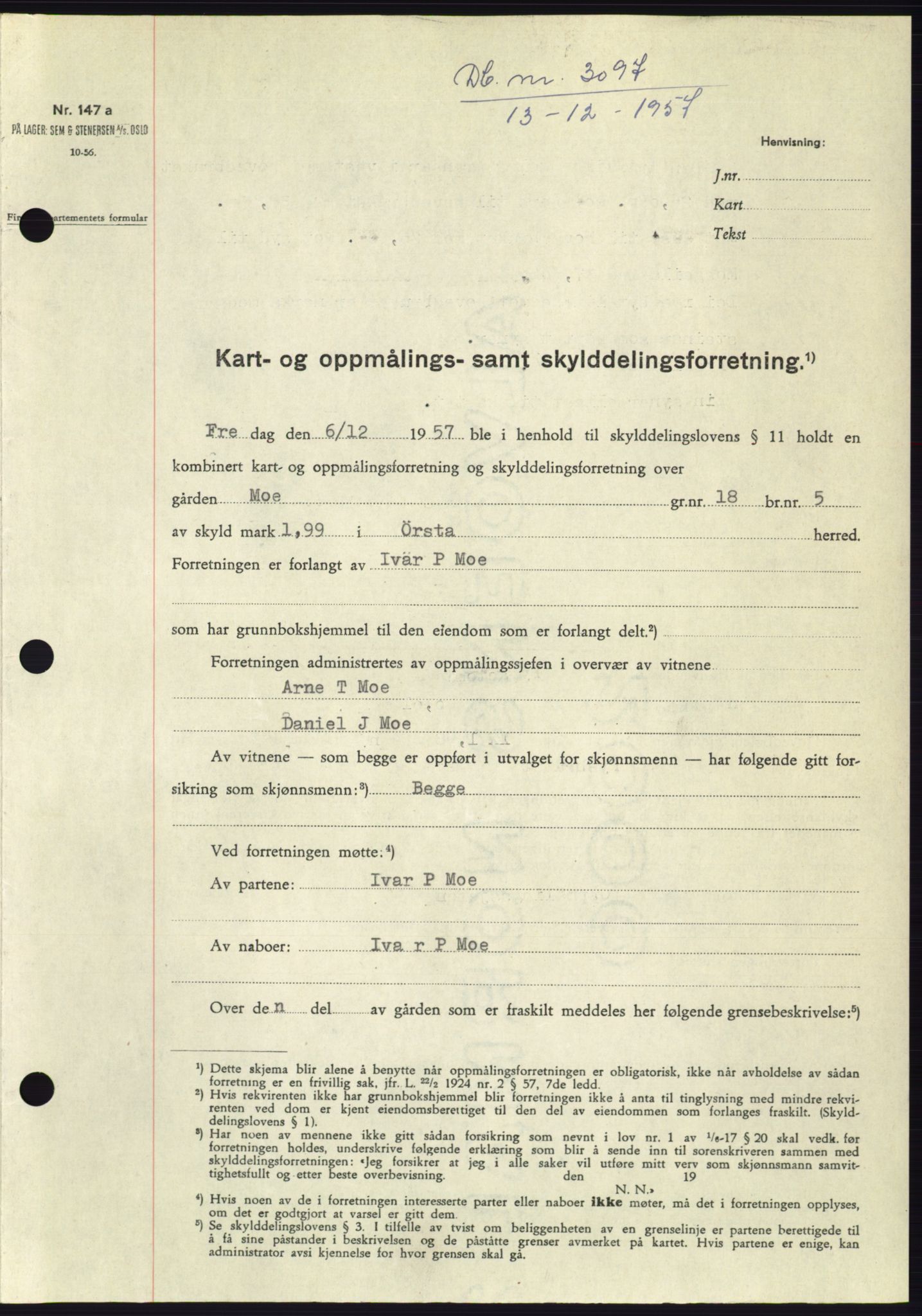 Søre Sunnmøre sorenskriveri, SAT/A-4122/1/2/2C/L0108: Pantebok nr. 34A, 1957-1958, Dagboknr: 3097/1957