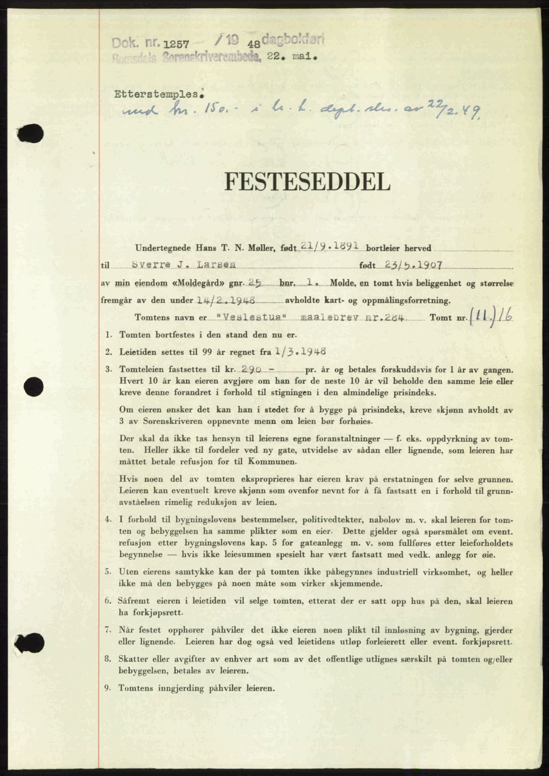 Romsdal sorenskriveri, SAT/A-4149/1/2/2C: Pantebok nr. A26, 1948-1948, Dagboknr: 1257/1948