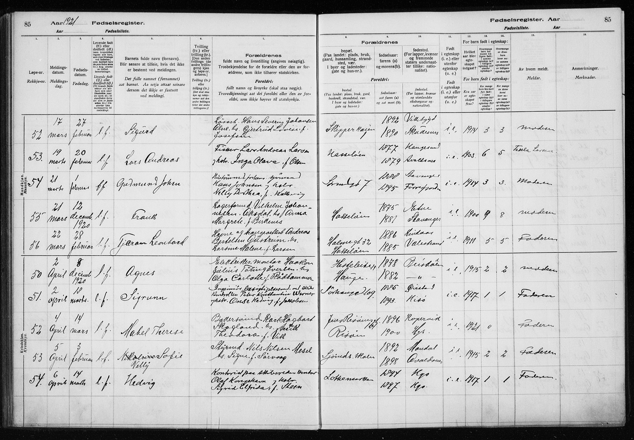 Haugesund sokneprestkontor, AV/SAST-A -101863/I/Id/L0004: Fødselsregister nr. 2, 1919-1923, s. 85