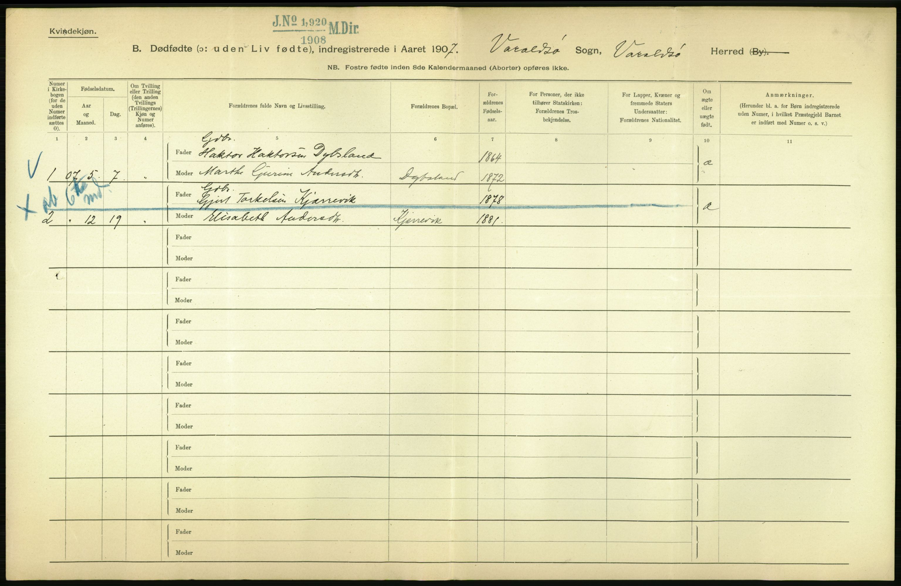 Statistisk sentralbyrå, Sosiodemografiske emner, Befolkning, RA/S-2228/D/Df/Dfa/Dfae/L0029: S. Bergenhus amt: Gifte, dødfødte. Bygder., 1907, s. 304