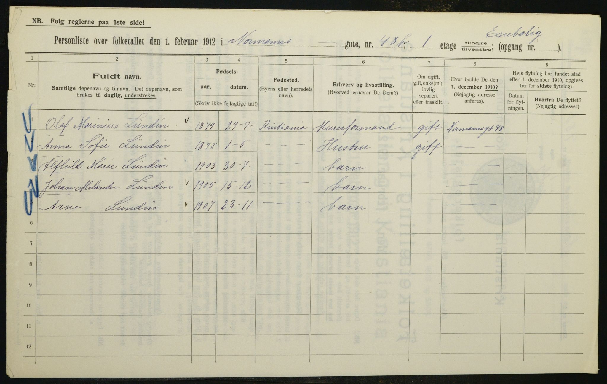 OBA, Kommunal folketelling 1.2.1912 for Kristiania, 1912, s. 74583