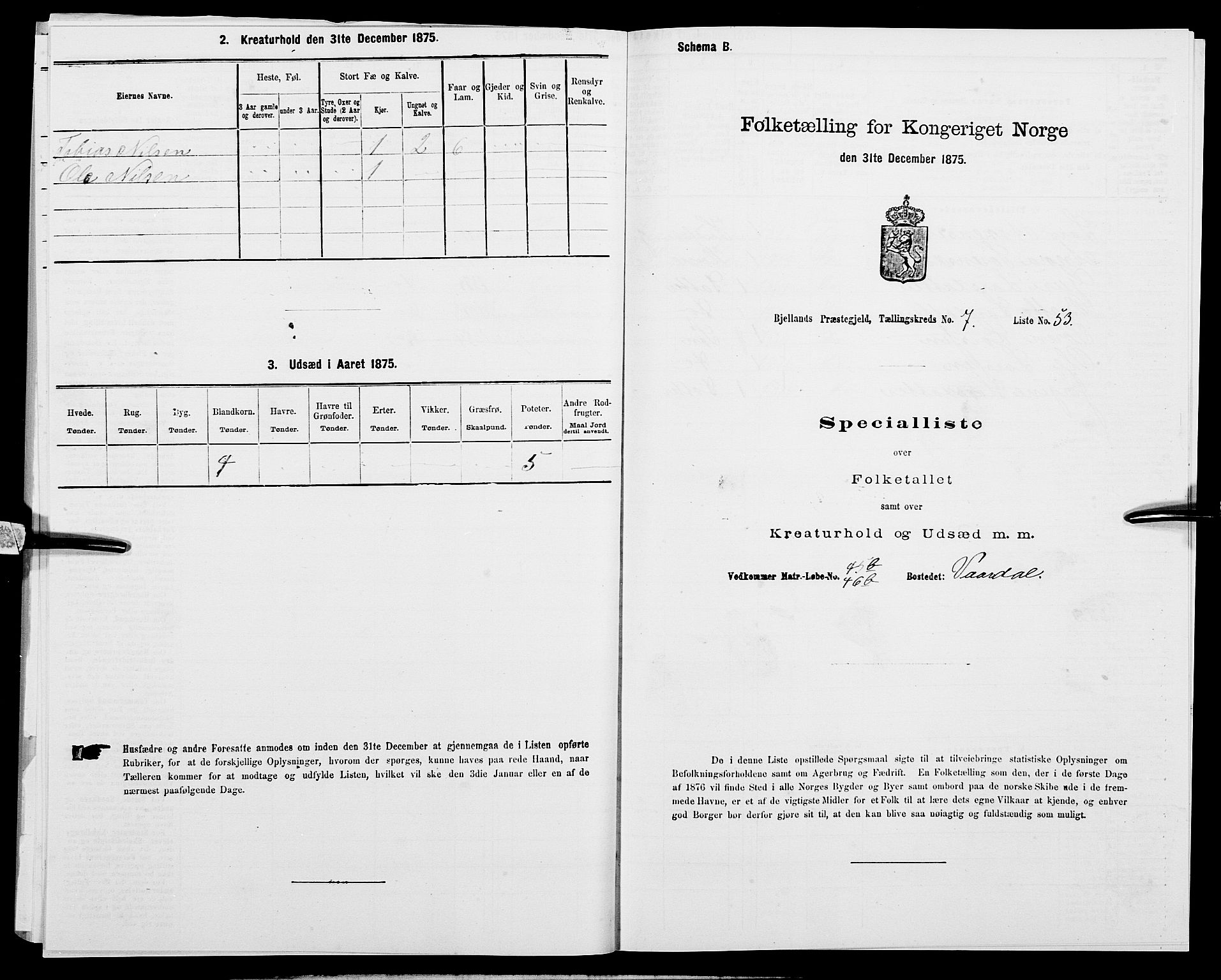 SAK, Folketelling 1875 for 1024P Bjelland prestegjeld, 1875, s. 498