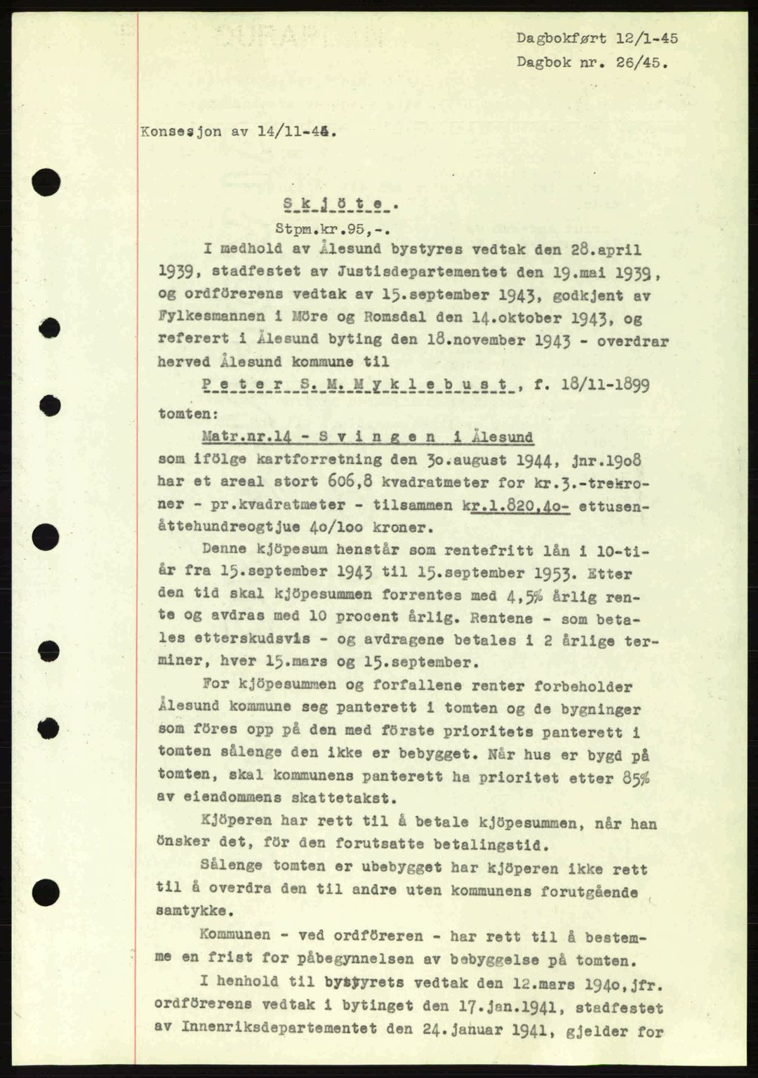 Ålesund byfogd, AV/SAT-A-4384: Pantebok nr. 36a, 1944-1945, Dagboknr: 26/1945