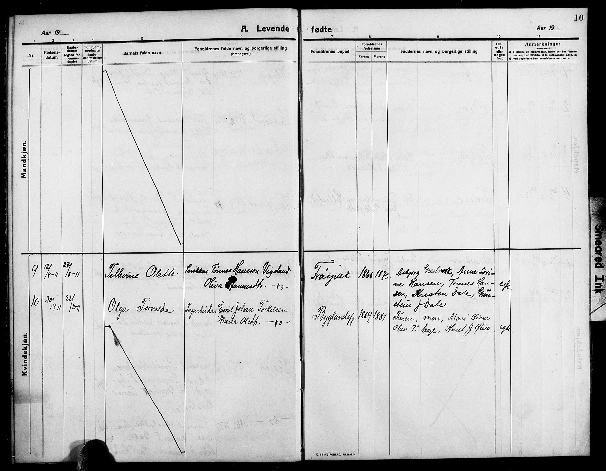 Bygland sokneprestkontor, AV/SAK-1111-0006/F/Fb/Fbd/L0003: Klokkerbok nr. B 3, 1910-1926, s. 10